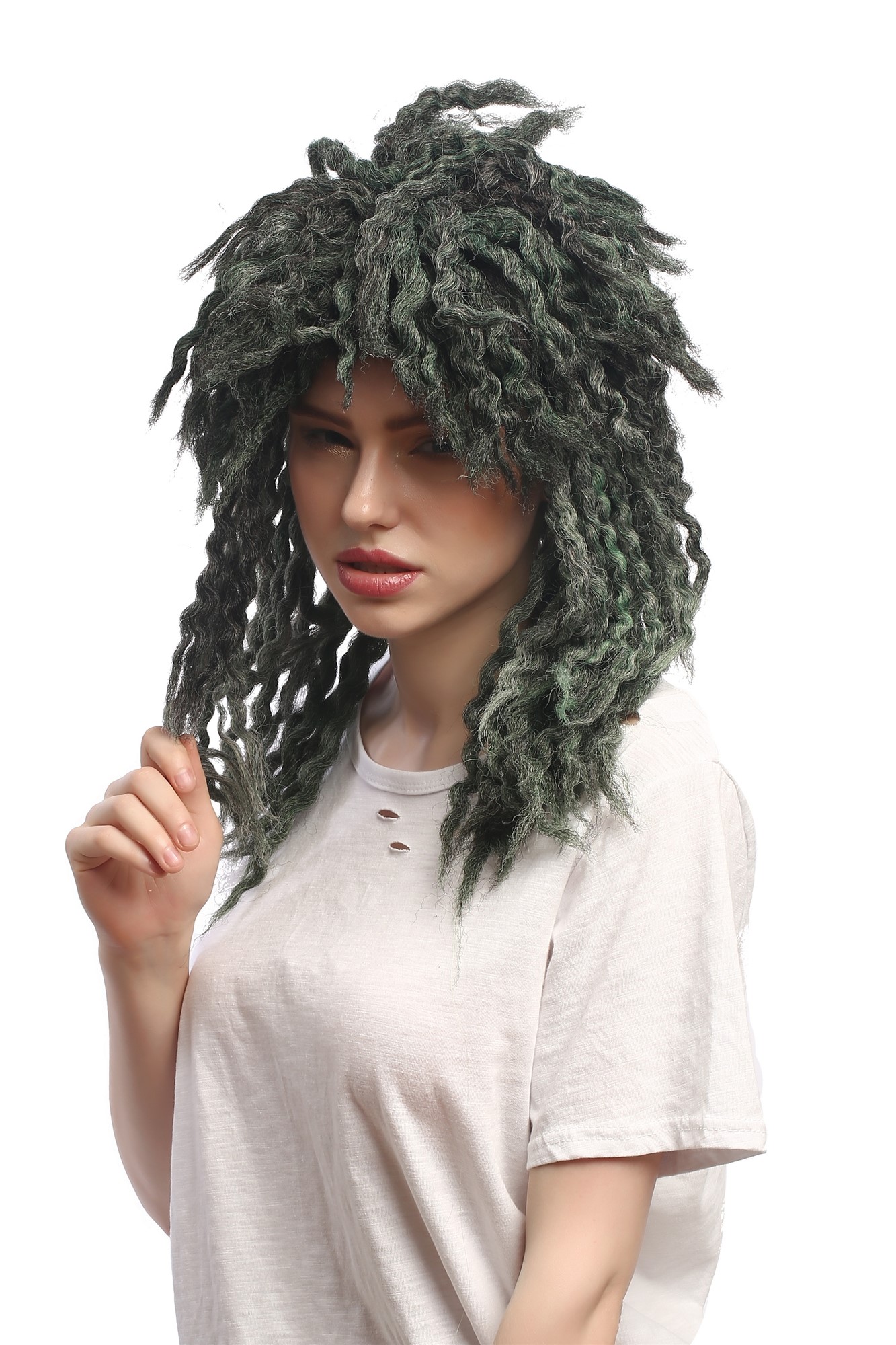 günstige Party Perücke, Perücke Grau Grün Rasta Neptun Nixe 90889-ZA1-ZA94A-ZA68E-ZA1, Ansicht 2, WIG ME UP: Ihr Perücken Online Shop lockige Party Perücke Grün schulterlange Haare Unisex