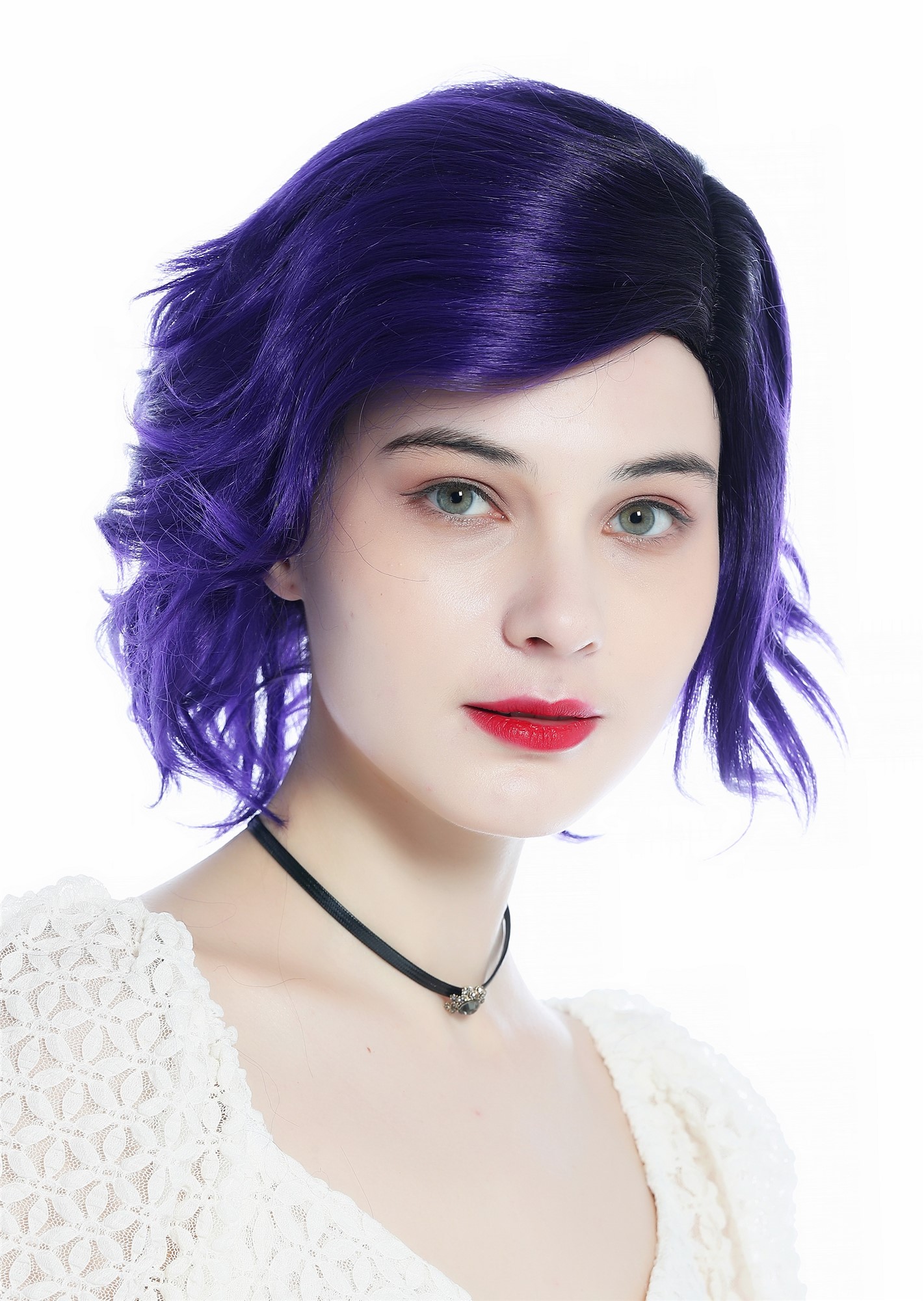 hochwertige Qualitätsperücken, Perücke kurz wild gewellt gescheitelt Scheitel Ombre Schwarz Lila DW3334-DEEPVIOLETS1B, Ansicht 3, WIG ME UP: Ihr Perücken Online Shop wellige Tressen-Perücke mit Kopfhaut-Imitat Schwarz-Lila-Verlauf schulterlange Haare für Damen