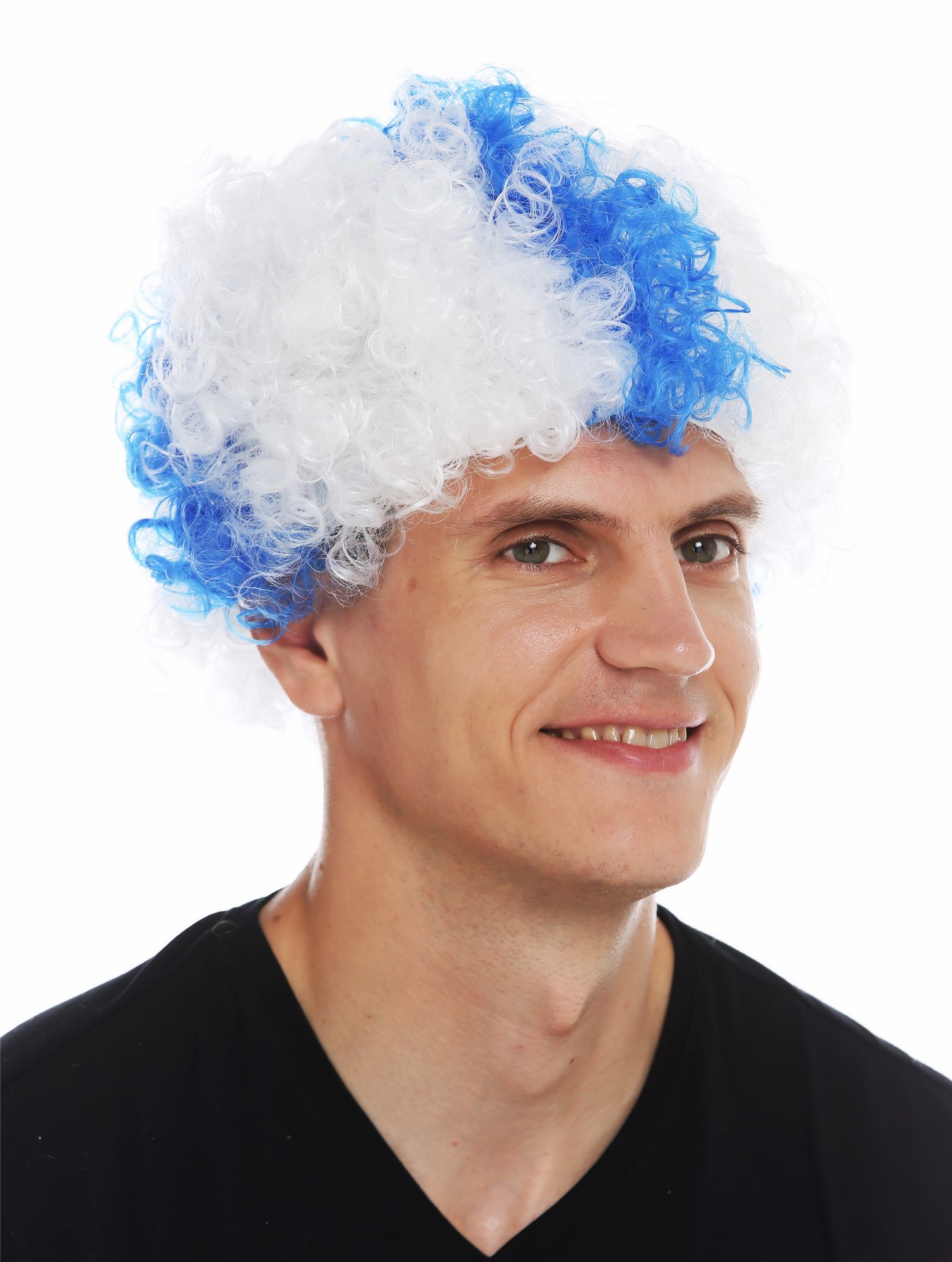 günstige Party Perücke, Perücke Fan Afro Finnland Blaues Kreuz auf Weiß MMAM-15M-K06+K2079, Ansicht 4, WIG ME UP: Ihr Perücken Online Shop lockige Party Perücke Blau-Weiß-Mix kurze Haare Unisex