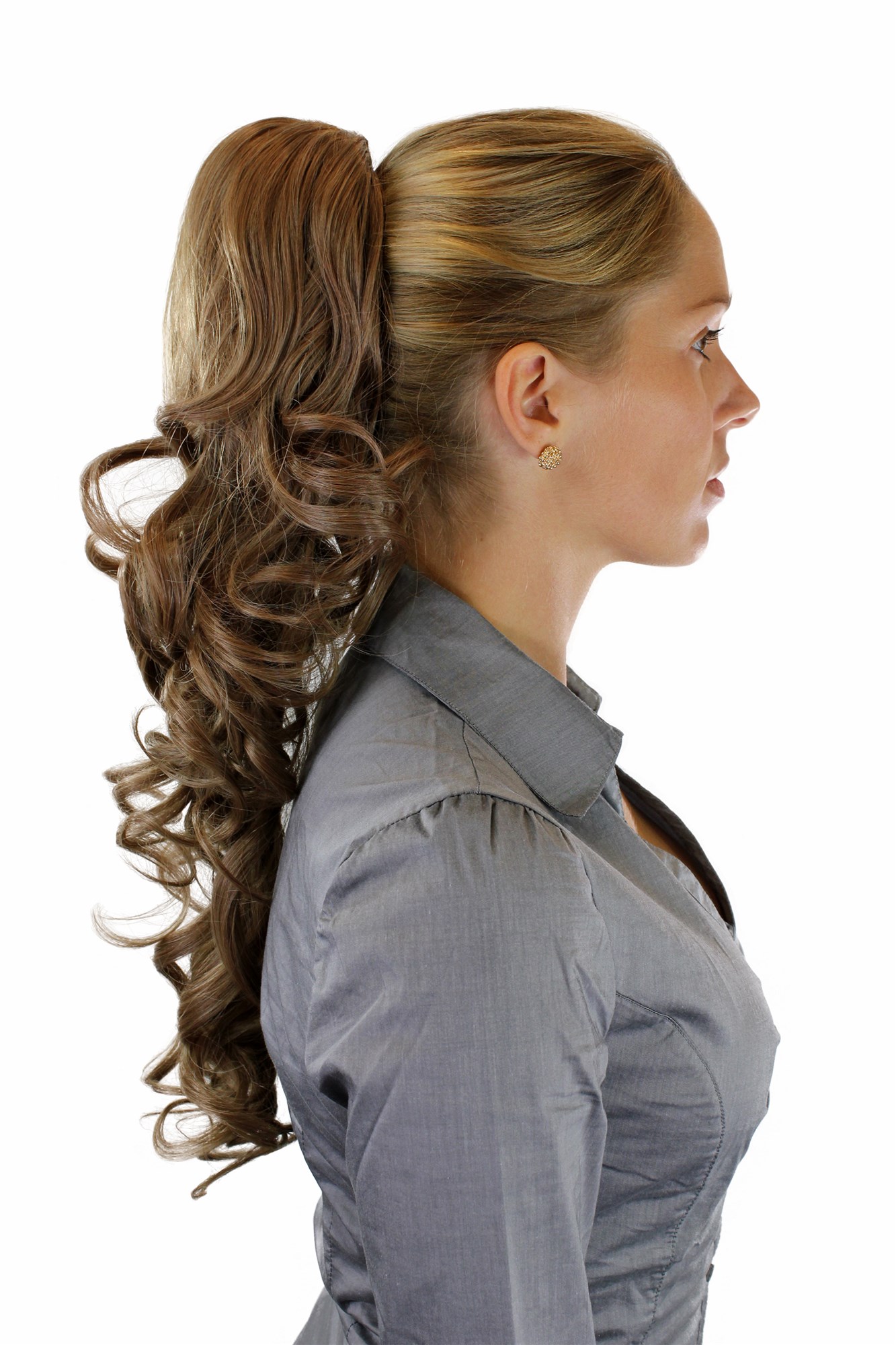 hochwertiges Haarteil Butterfly-Clip + Steckkämme + Gummizug lockig Hellbraun WK08-14, Ansicht 3, WIG ME UP: Ihr Perücken Online Shop lockiges Zopf-Haarteil Hellbraun 60 cm lang