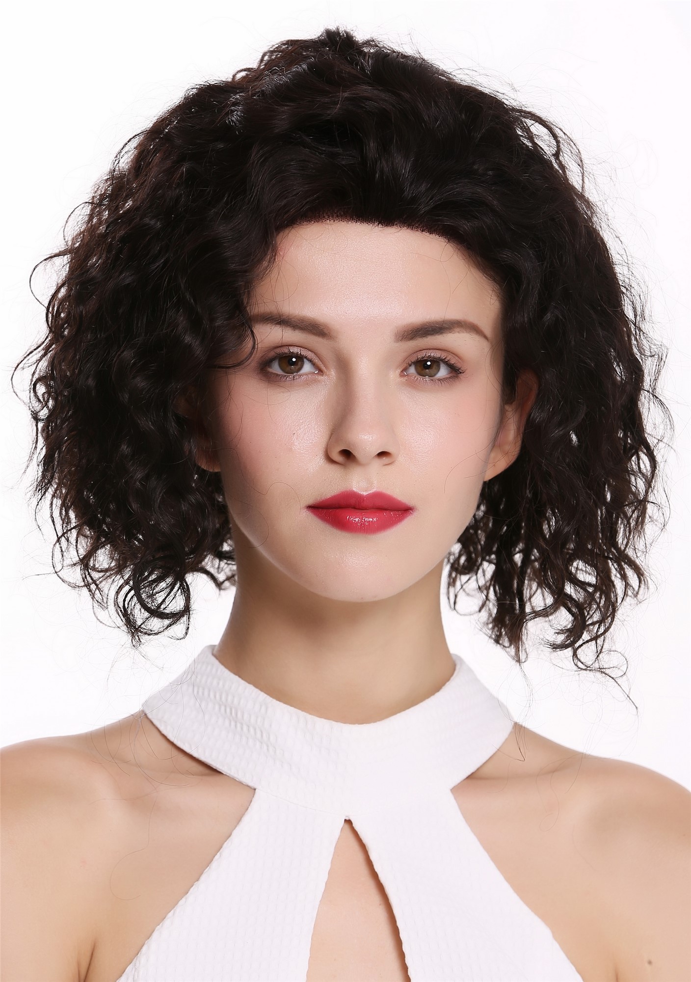 hochwertige Qualitätsperücken, Perücke Echthaar Dunkelbraun Lace-Front Teil-Mono Locken RGH-5751Z-HH-MF-NATURE, Vorderansicht, WIG ME UP: Ihr Perücken Online Shop lockige Tressen-Perücke mit Teil-Mono Oberkopf, Front-Lace 100% Echthaar Dunkelbraun kurze Haare für Damen