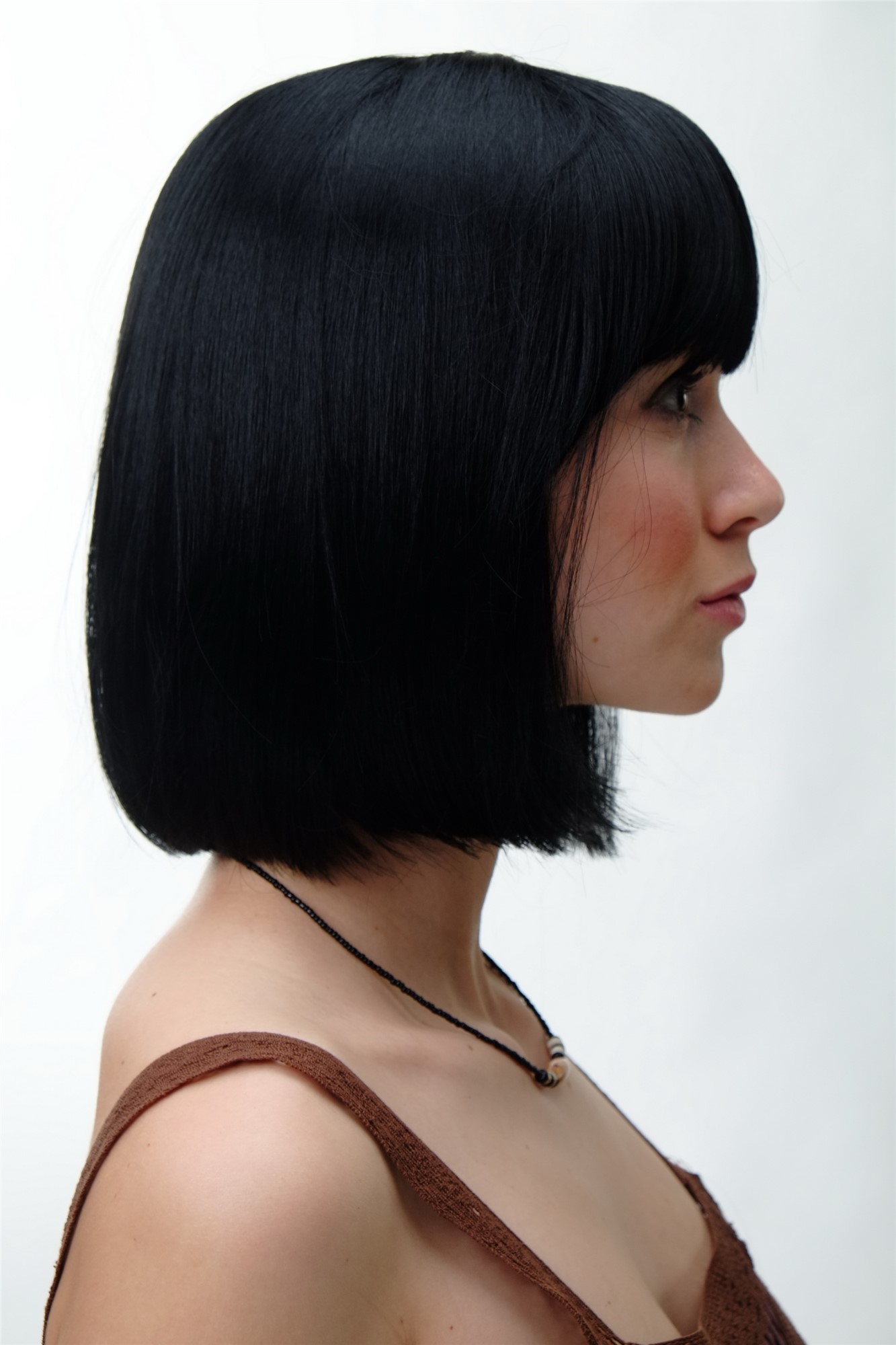 hochwertige Qualitätsperücken, Perücke Damen Bobfrisur Long Bob Pony glatt Schwarz 7803-1, Ansicht 2, WIG ME UP: Ihr Perücken Online Shop glatte Tressen-Perücke mit Kopfhaut-Imitat Schwarz kurze Haare für Damen
