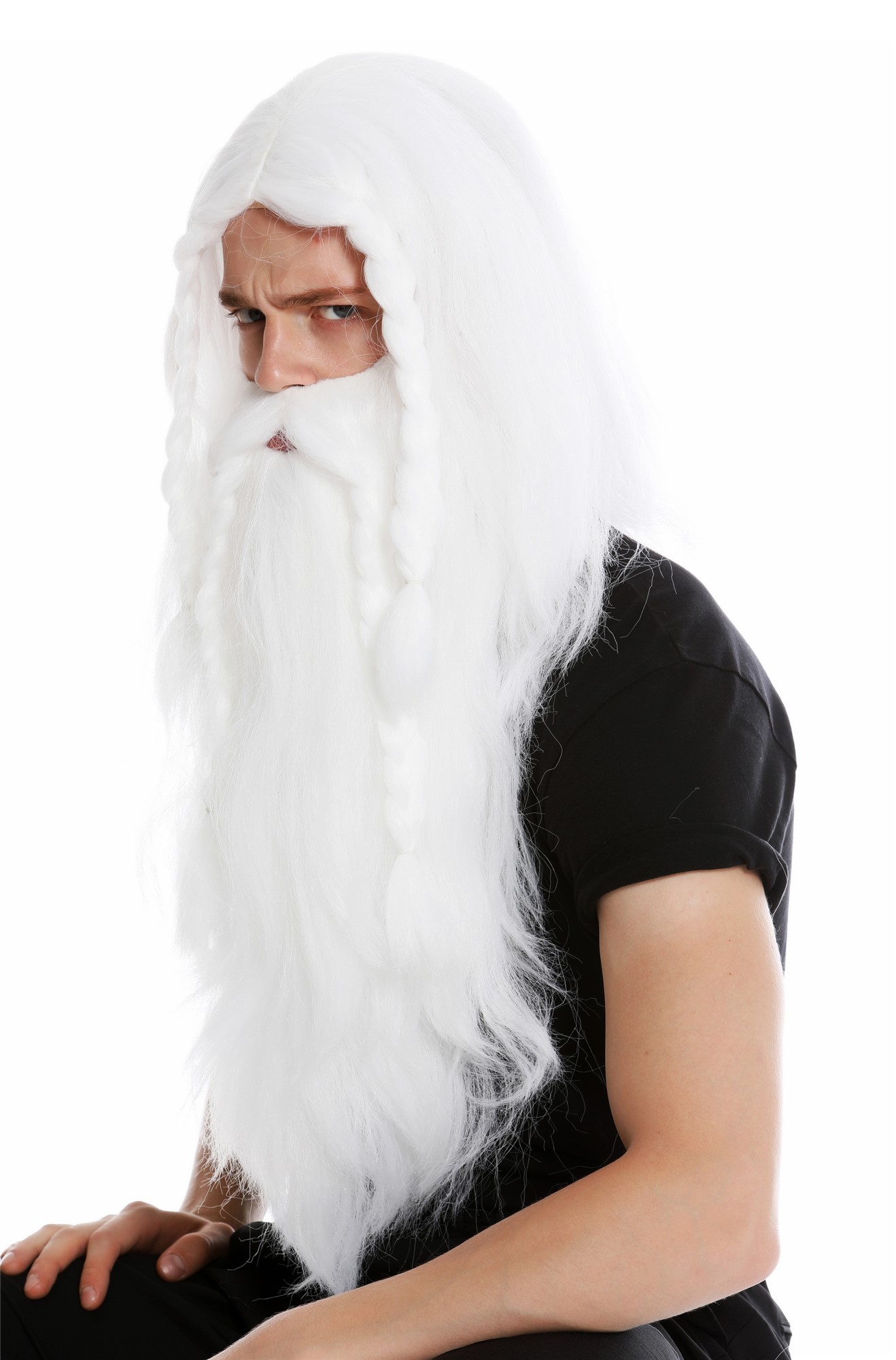 Wig & beard men carnival viking barbarian dwarf white old long plaited RJ033, front view, WIG ME UP: Your Perücken Online Shop Party Wig, Men, White, Braided, short