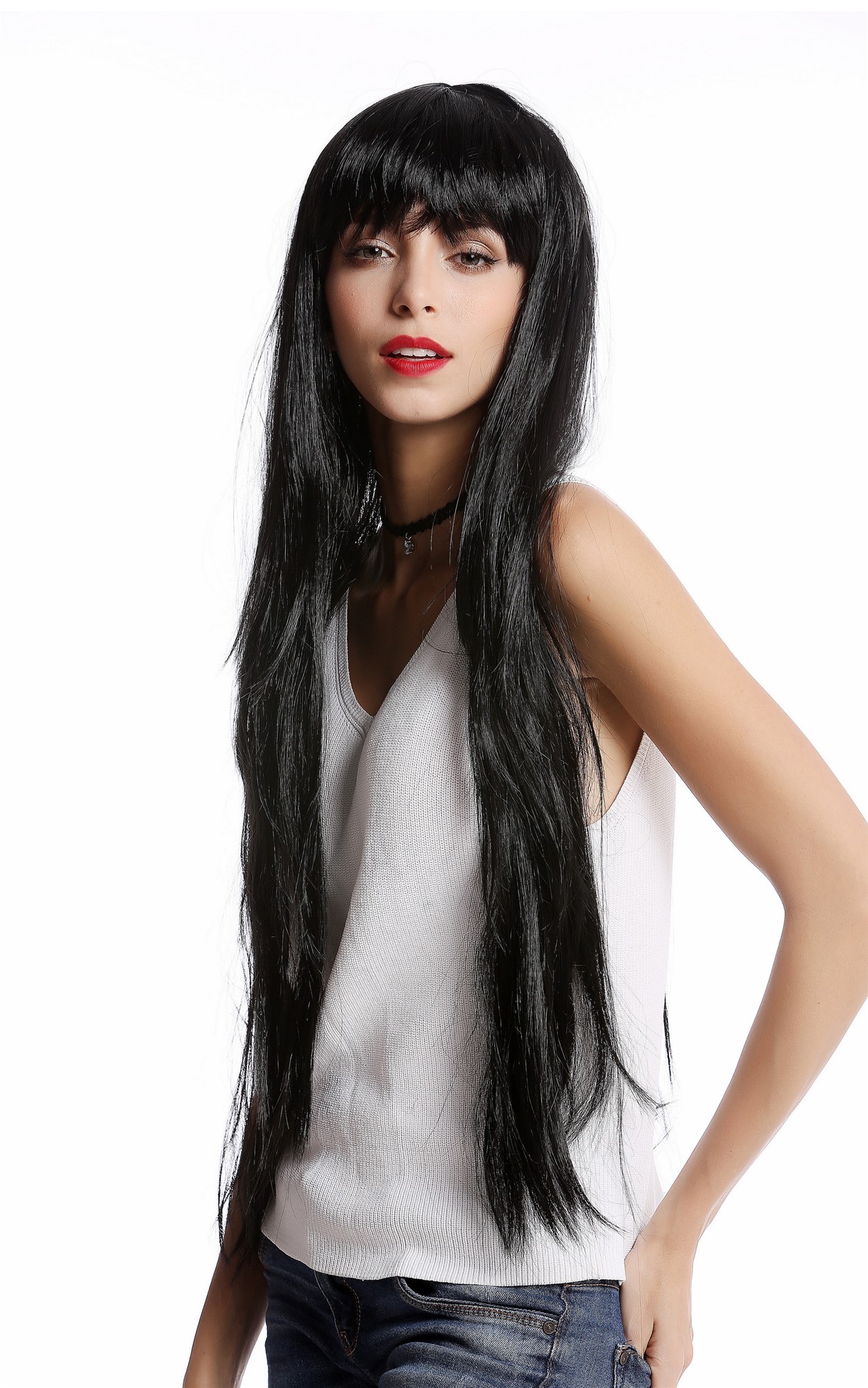YLX-9501-P103 Lady Wig Halloween Carnival very long smooth bangs black, front view, WIG ME UP: Your Perücken Online Shop Party Wig, Ladies, Black, straight, very long