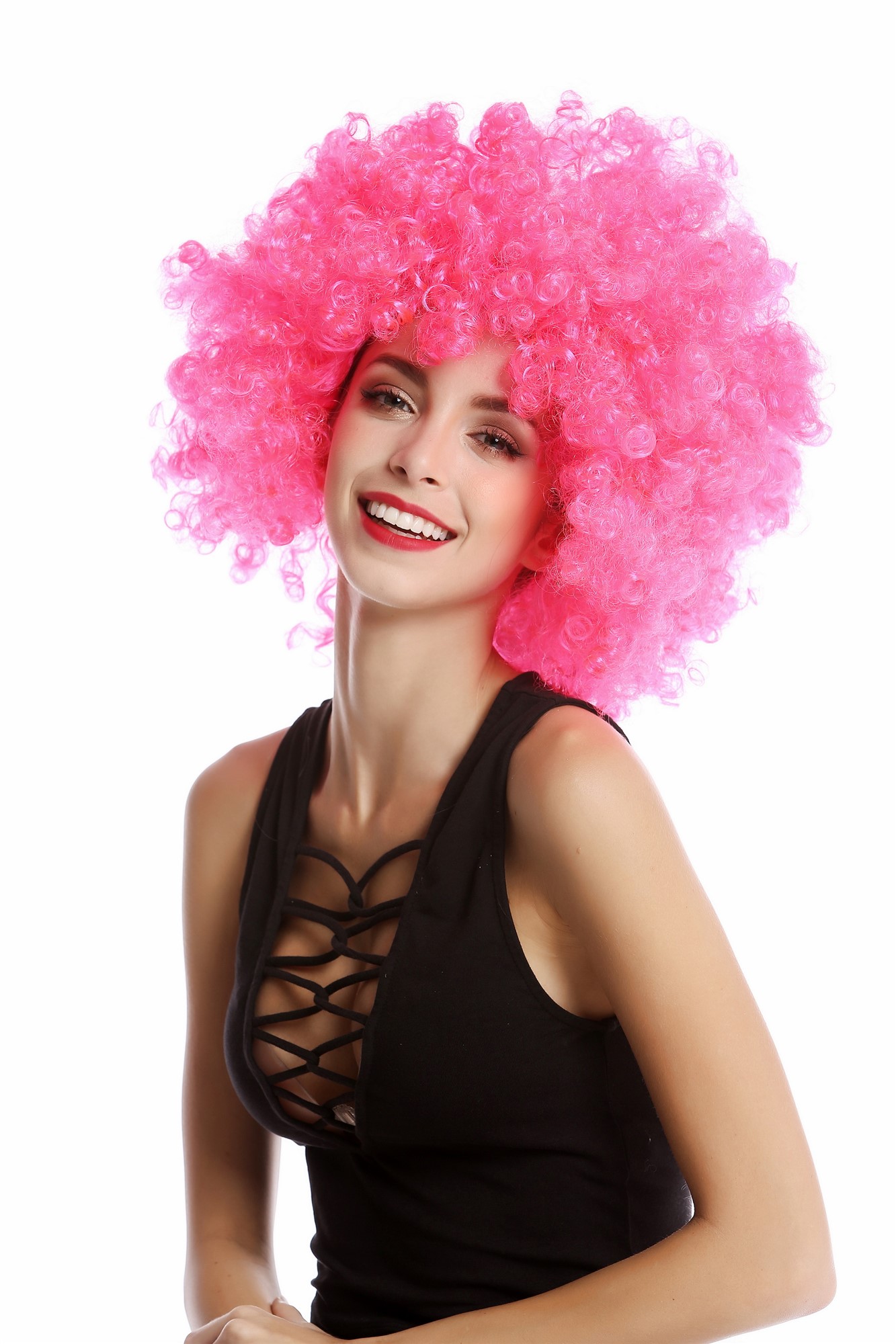 günstige Party Perücke, Afro Perücke 70er Jahre Party Pink Rosa Disco PW0011-PC5, Vorderansicht, WIG ME UP: Ihr Perücken Online Shop lockige Party Perücke pink kurze Haare für Damen