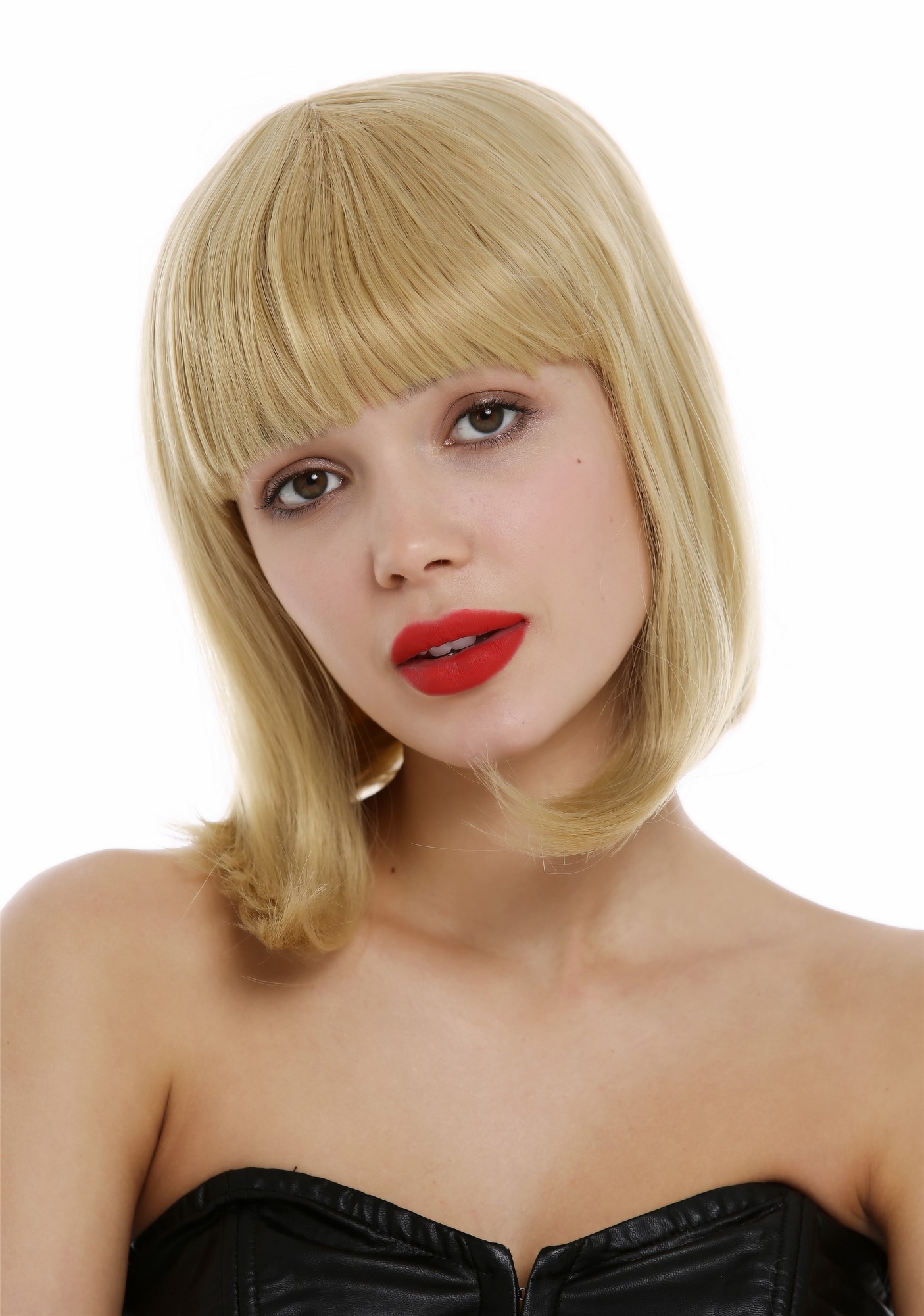 hochwertige Qualitätsperücken, Perücke kurz Longbob glatt geschwungene Spitzen Pony Goldblond YZF-4375-86, Ansicht 4, WIG ME UP: Ihr Perücken Online Shop glatte Tressen-Perücke Karamelblond schulterlange Haare für Damen