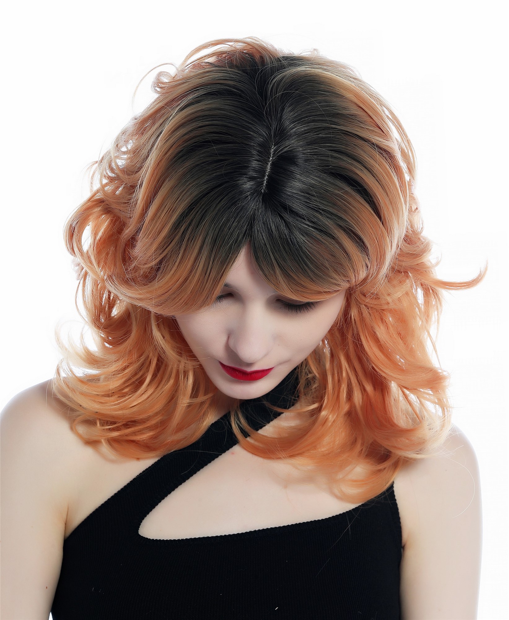 hochwertige Qualitätsperücken, Perücke wild struppig gewellt gelockt schulterlang Ombre Schwarz Kupferblond SZL0673-T-010, Ansicht 5, WIG ME UP: Ihr Perücken Online Shop lockige Tressen-Perücke mit Kopfhaut-Imitat Schwarz-Kupferblond-Verlauf lange Haare für Damen