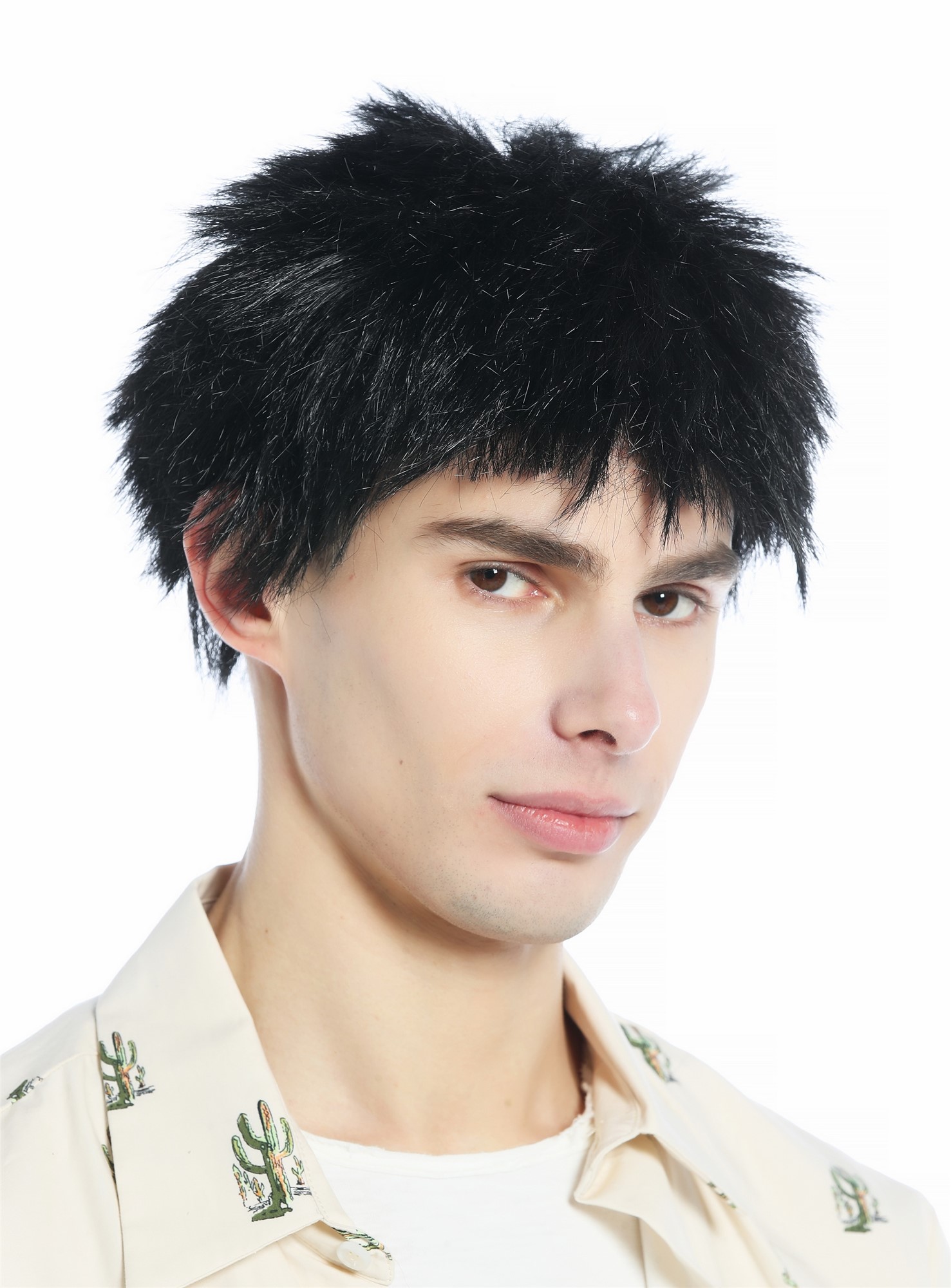 günstige Party Perücke, Perücke schwarz kurz struppig abstehende Haare Igel-Frisur retro 91803-ZA103, Vorderansicht, WIG ME UP: Ihr Perücken Online Shop glatte Party Perücke Pechschwarz kurze Haare Unisex