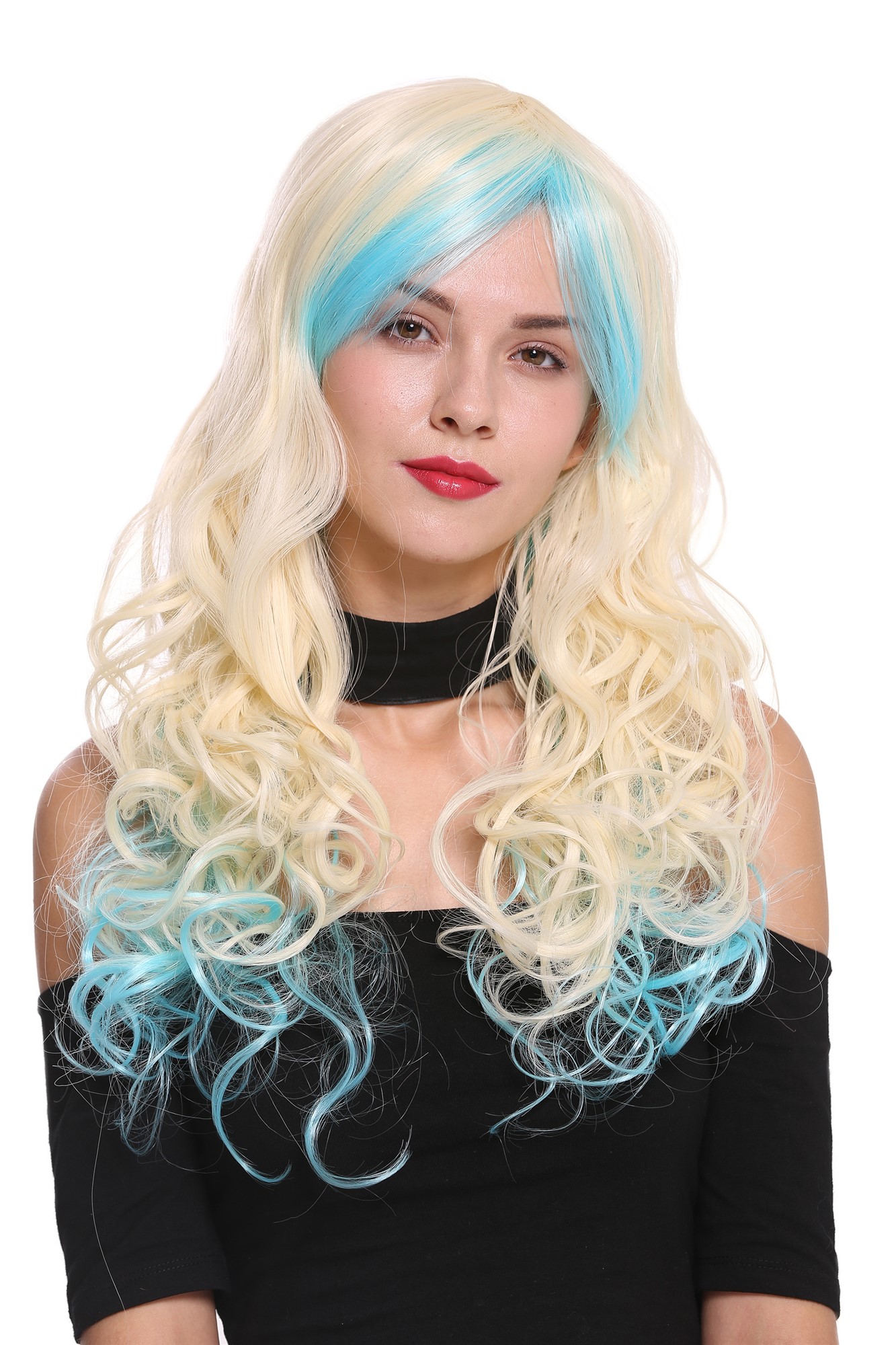 Lady Women Cosplay Wig long curled curls parting platinum blue mix YZF-7183, front view, WIG ME UP: Your Perücken Online Shop Quality Wigs, Ladies, blonde-blue mix, curled, long