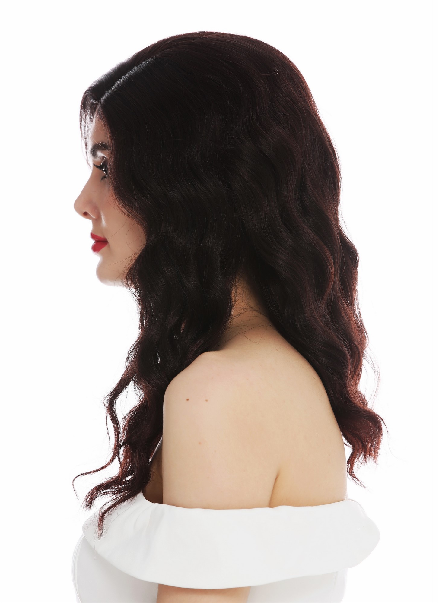 hochwertige Qualitätsperücken, Perücke lang Scheitel edel wellig gewellt Mahagoni Braun gesträhnt Hollywood Diva VK-58-2T33, Ansicht 4, WIG ME UP: Ihr Perücken Online Shop wellige Tressen-Perücke mit Kopfhaut-Imitat Schwarz-Braun-Mix schulterlange Haare für Damen