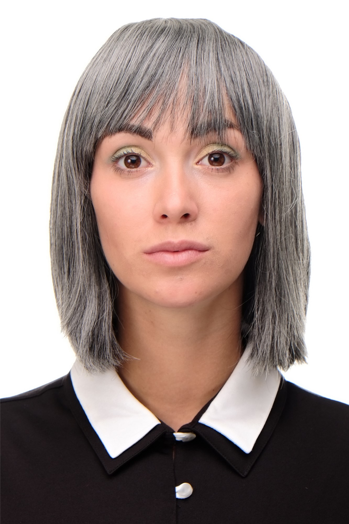 hochwertige Qualitätsperücken, Perücke Damen Bobfrisur Long Bob Pony glatt Dunkelgrau-Mix 7803-44, Vorderansicht, WIG ME UP: Ihr Perücken Online Shop glatte Tressen-Perücke mit Kopfhaut-Imitat Dunkelbraun-Grau-Mix kurze Haare für Damen