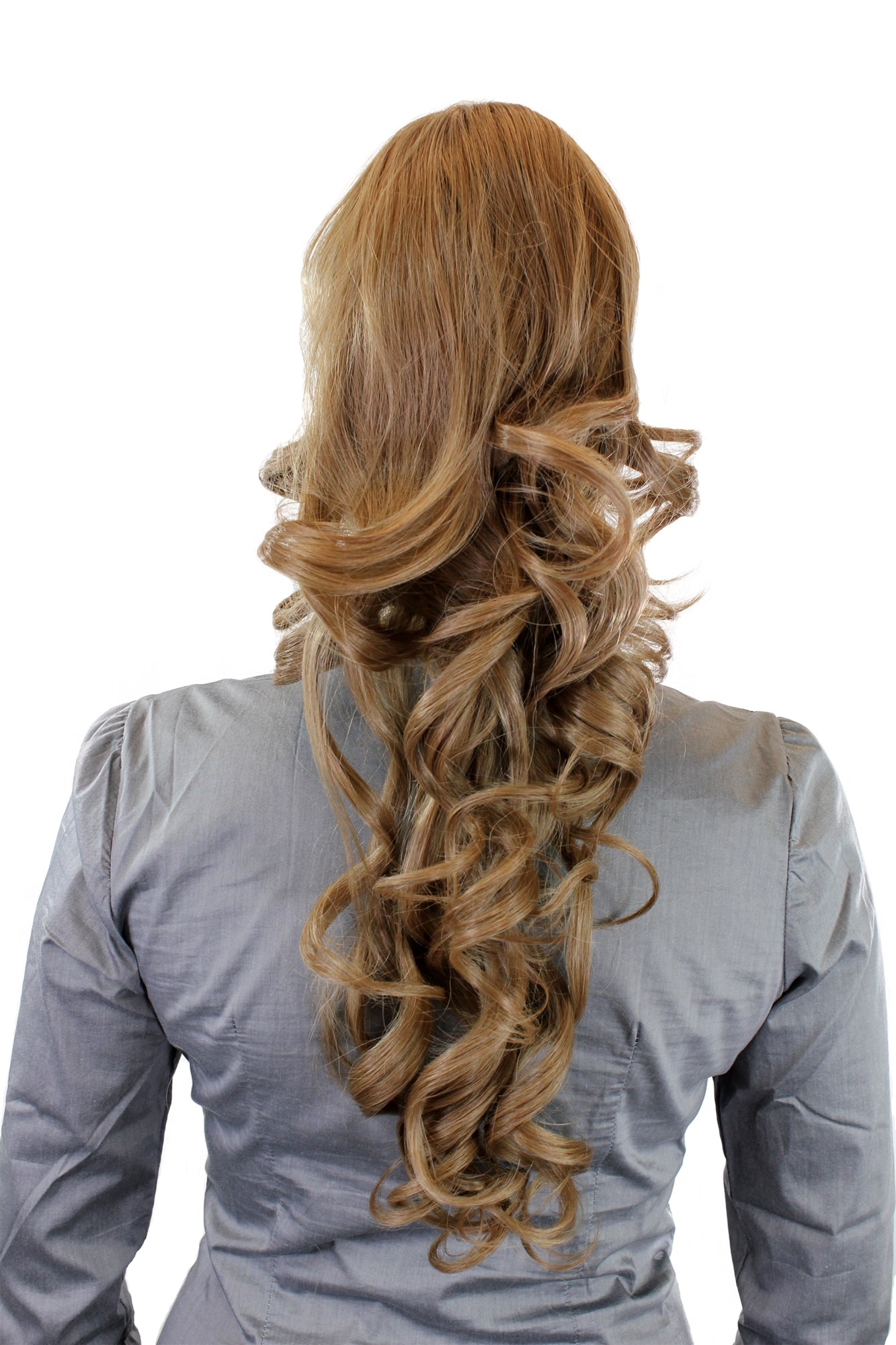 hochwertiges Haarteil Butterfly-Clip + Steckkämme + Gummizug lockig Hellbraun WK08-14, Vorderansicht, WIG ME UP: Ihr Perücken Online Shop lockiges Zopf-Haarteil Hellbraun 60 cm lang