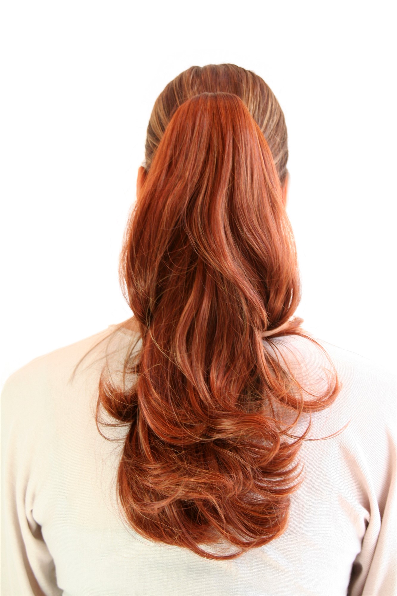 Hairpiece PONYTAIL medium length straight /w slightly waved ends RED mix pigtail, front view, WIG ME UP: Your Perücken Online Shop Ponytails, brown-red mix, wavy, shoulder-length