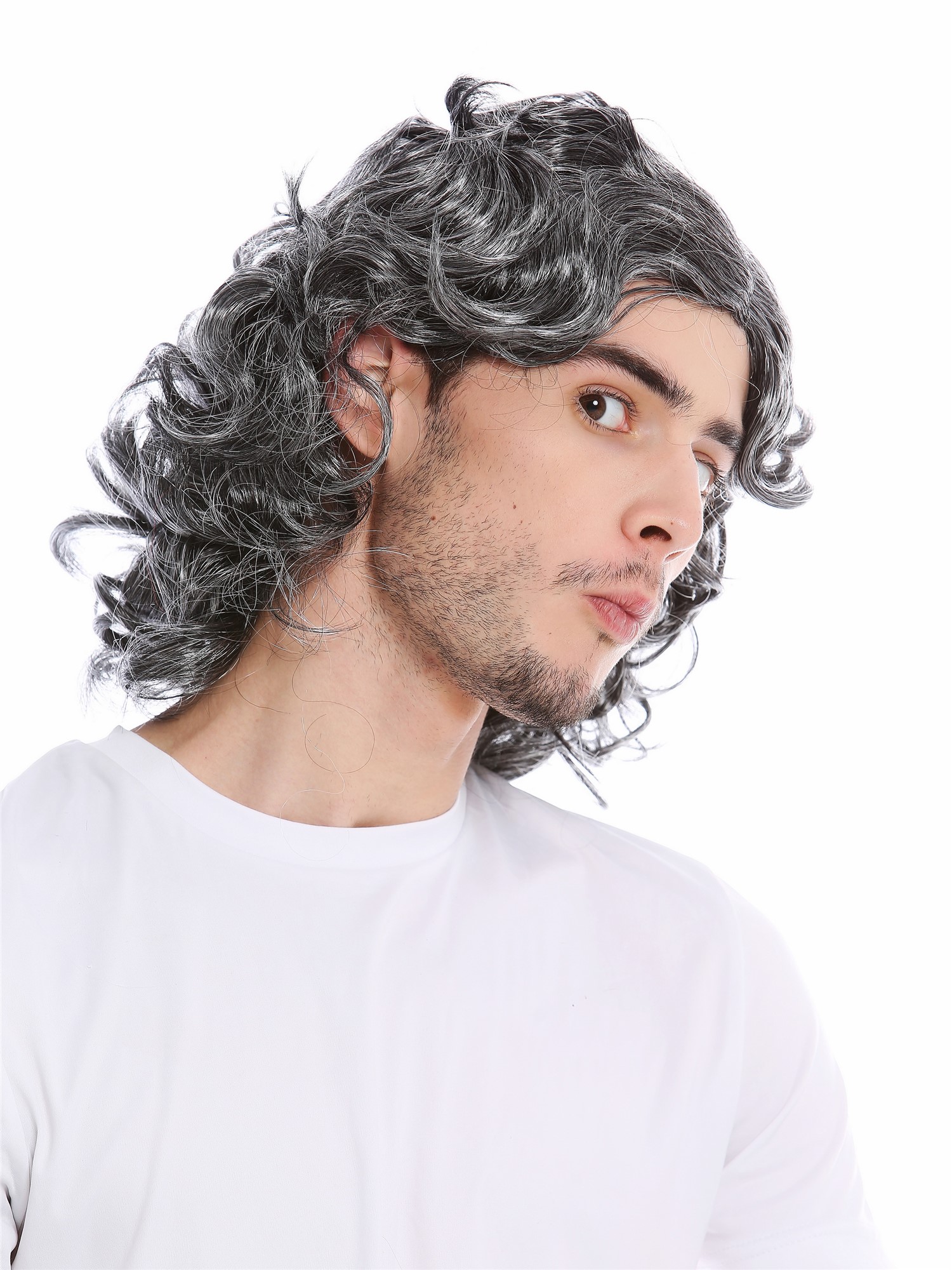 günstige Party Perücke, Perücke Grau Alter Schlagersänger Gigolo 3750-P103-68, Ansicht 3, WIG ME UP: Ihr Perücken Online Shop wellige Party Perücke Grau schulterlange Haare Unisex