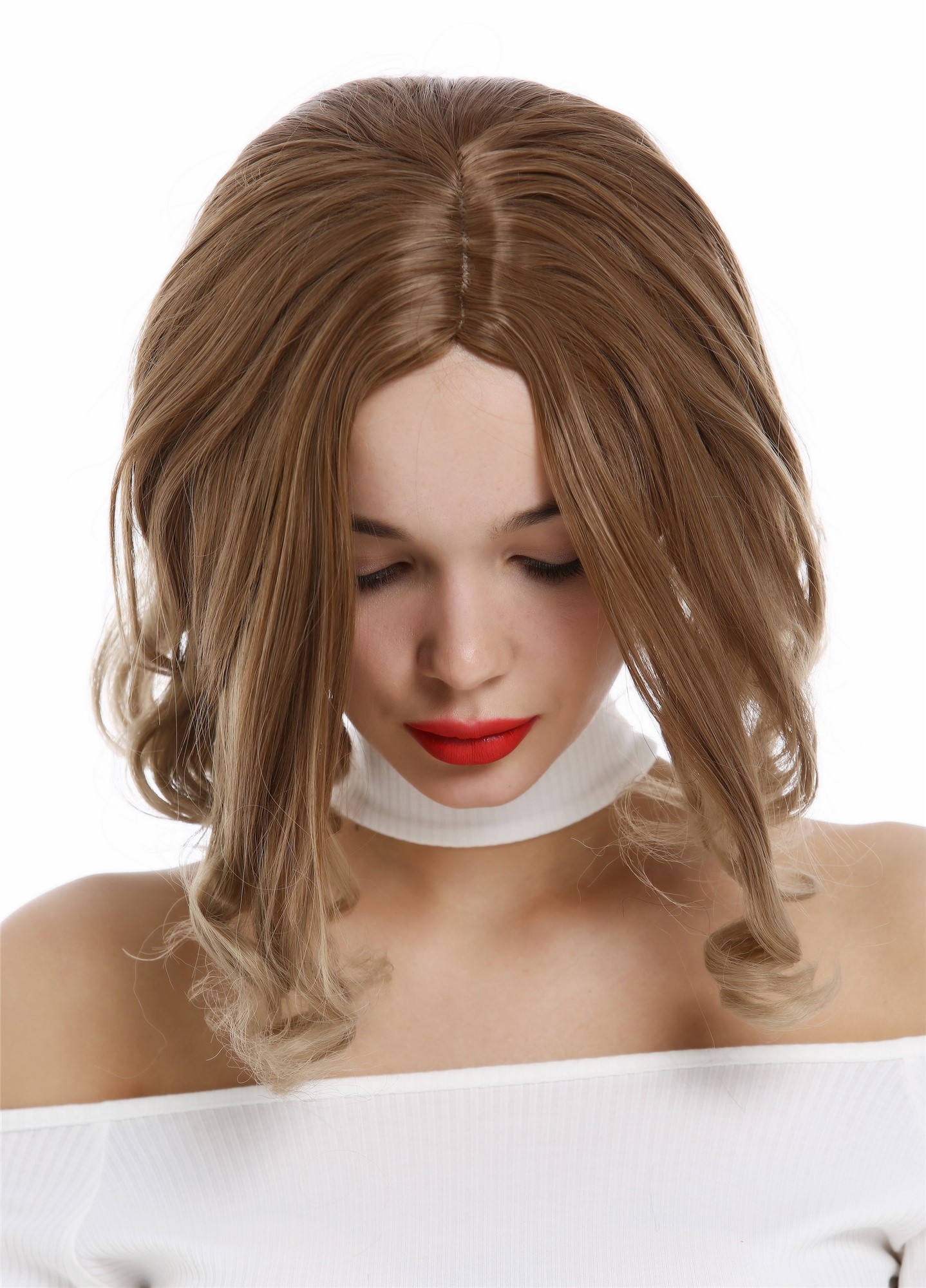 hochwertige Qualitätsperücken, Perücke kurz Bob Mittelscheitel gelockte Spitzen Braun Blond gesträhnt YZF-4369-12T16, Ansicht 6, WIG ME UP: Ihr Perücken Online Shop lockige Tressen-Perücke mit Kopfhaut-Imitat Hellbraun-Blond-Mix kurze Haare für Damen