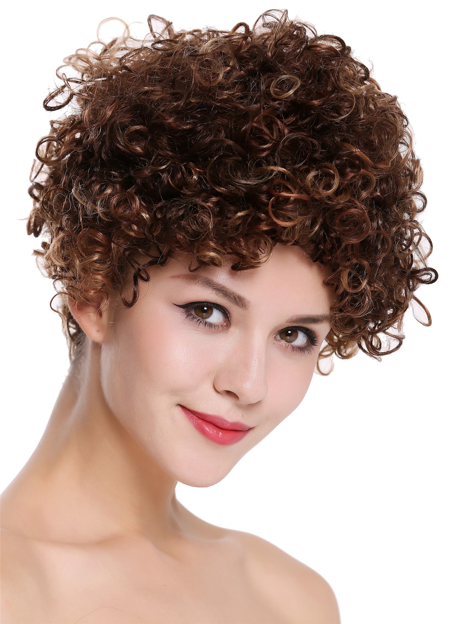 Quality Wigs, Ladies, dark brown-strawberry blonde-copper brown mix, curled, short, 100% Human Hair