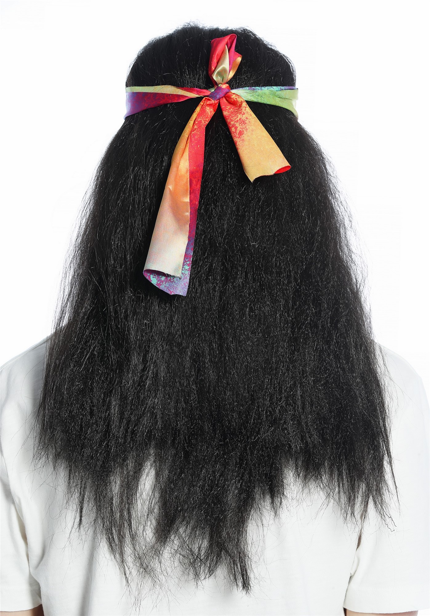 CW-028-P1 Halloween Carnival wig & headband set men women long black 70s Hippie, view 5, WIG ME UP: Your Perücken Online Shop Party Wig, Unisex, black-brown, wavy, long