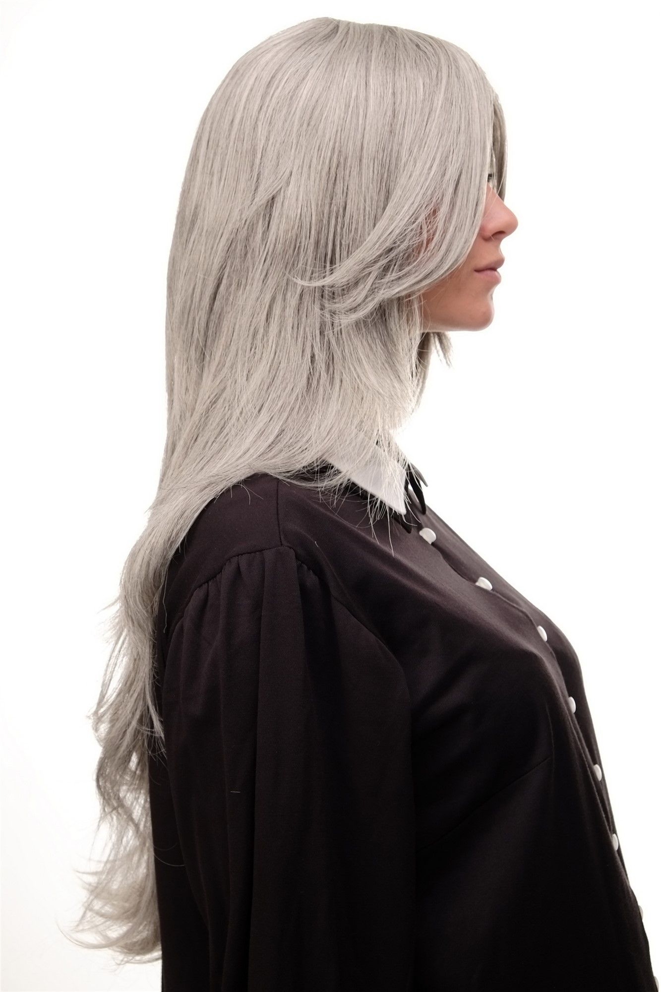 Lady wig medium length long fringe worn to side straight layered light gray 3110, view 2, WIG ME UP: Your Perücken Online Shop Quality Wigs, Ladies, Grey, straight, very long