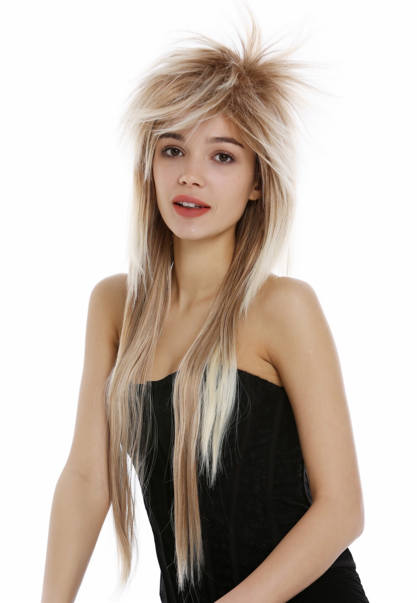 hochwertige Qualitätsperücken, Perücke 80er Glam Rock lang toupiert Blond Mix 9666-27T613, Vorderansicht, WIG ME UP: Ihr Perücken Online Shop glatte Tressen-Perücke Blond-Mix sehr lange Haare für Damen