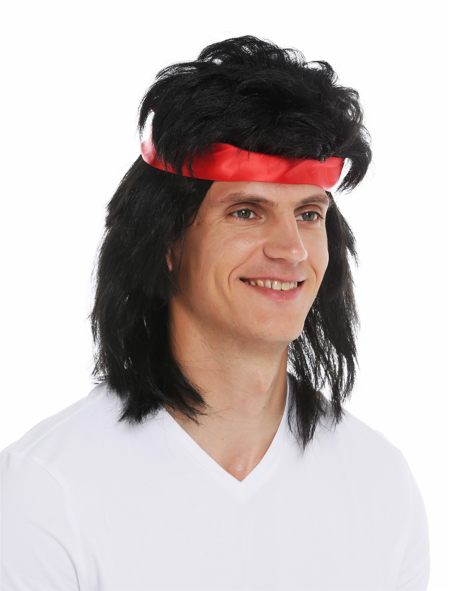 Wig & head band men long black mullet 80's action star fighter Kung Fu SARL001, view 5, WIG ME UP: Your Perücken Online Shop Party Wig, Men, pitch black, straight, shoulder-length