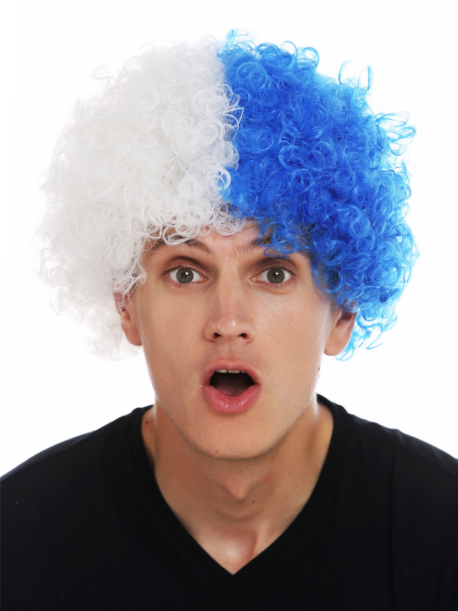 Fan wig carnival afro soccer football world cup Blue white half half MMAM-15M , front view, WIG ME UP: Your Perücken Online Shop Party Wig, Unisex, blue-white mix, curled, short