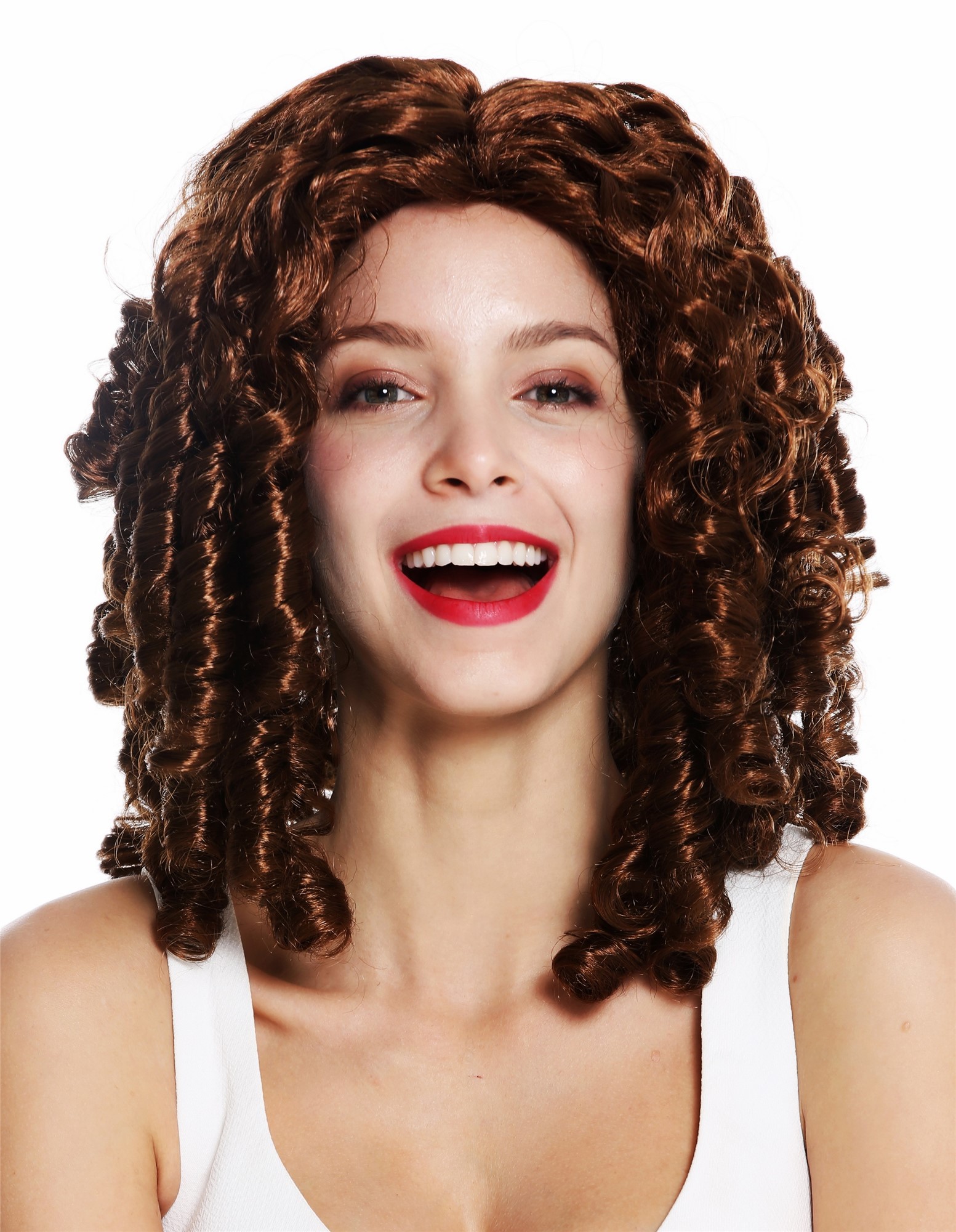 günstige Party Perücke, Perücke Korkenzieher-Locken lang Braun 91056-1-ZA6A, Vorderansicht, WIG ME UP: Ihr Perücken Online Shop lockige Party Perücke Mittelbraun lange Haare für Damen