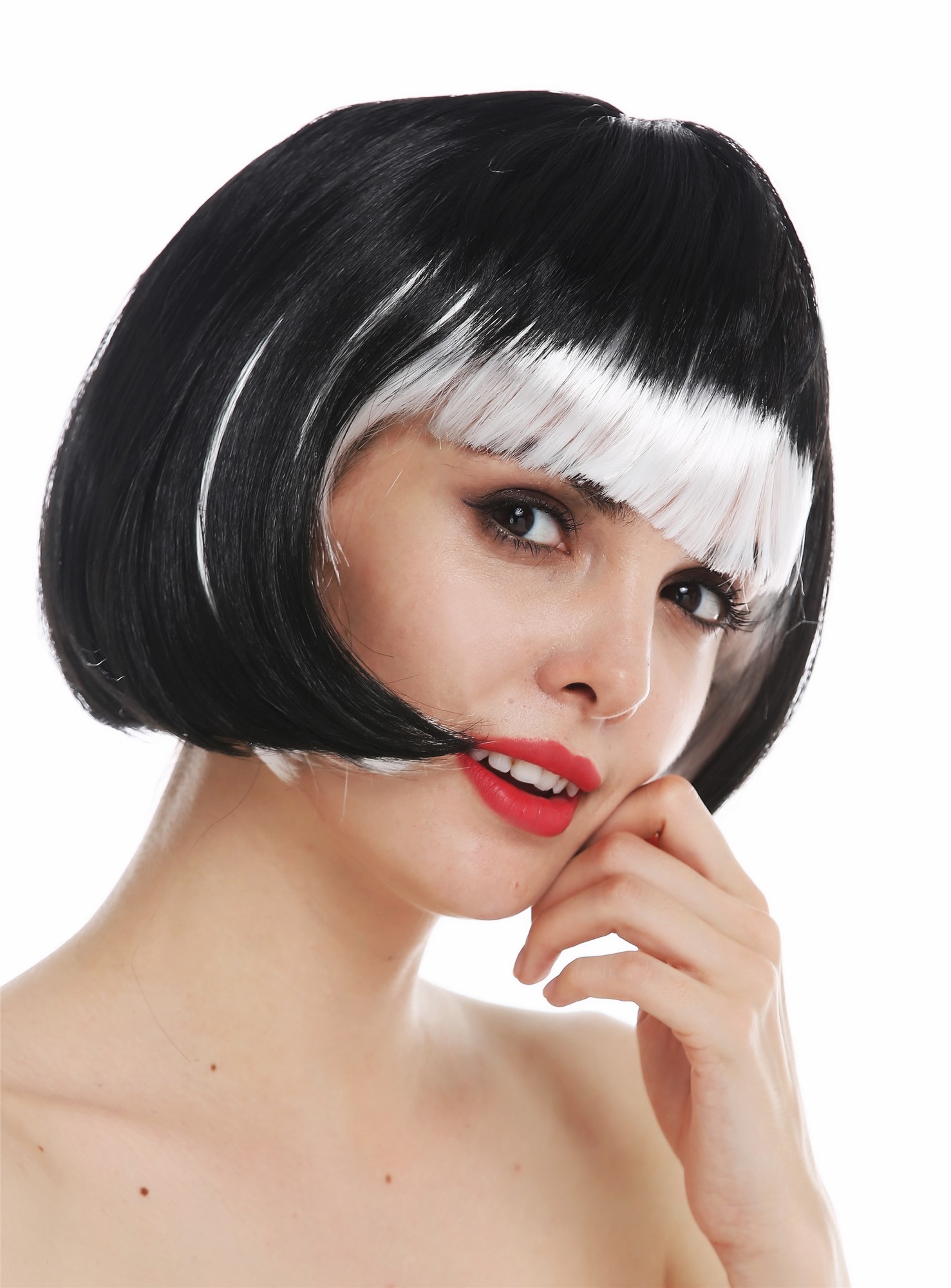 Party wig carnival Halloween women bob short black white fringe gothic 74023, front view, WIG ME UP: Your Perücken Online Shop Party Wig, Ladies, deep black and white mix, straight, short