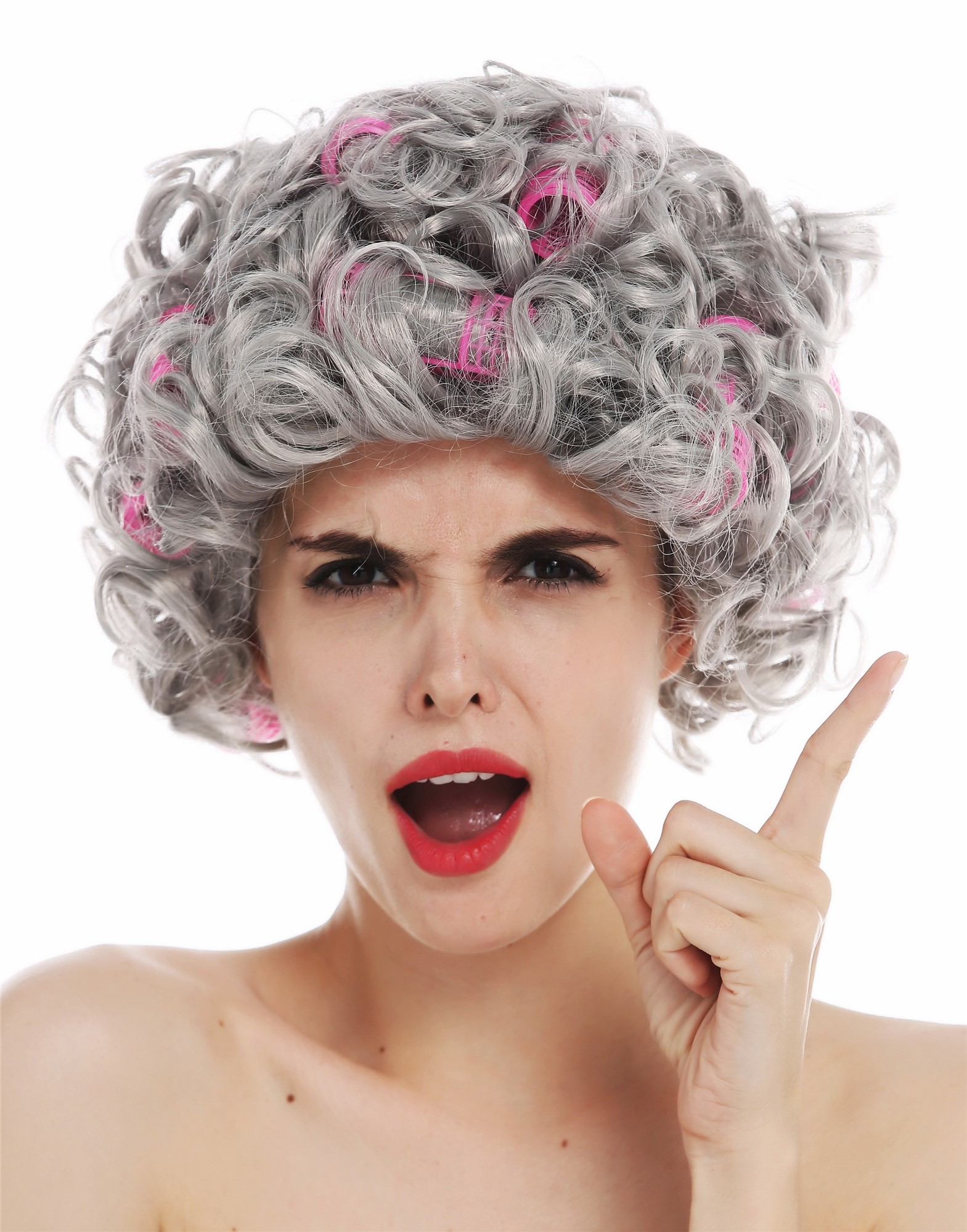 Women's wig Halloween gray grey curls curly hair roller grandmother granny 3195 , front view, WIG ME UP: Your Perücken Online Shop Party Wig, Ladies, silver gray, curled, short