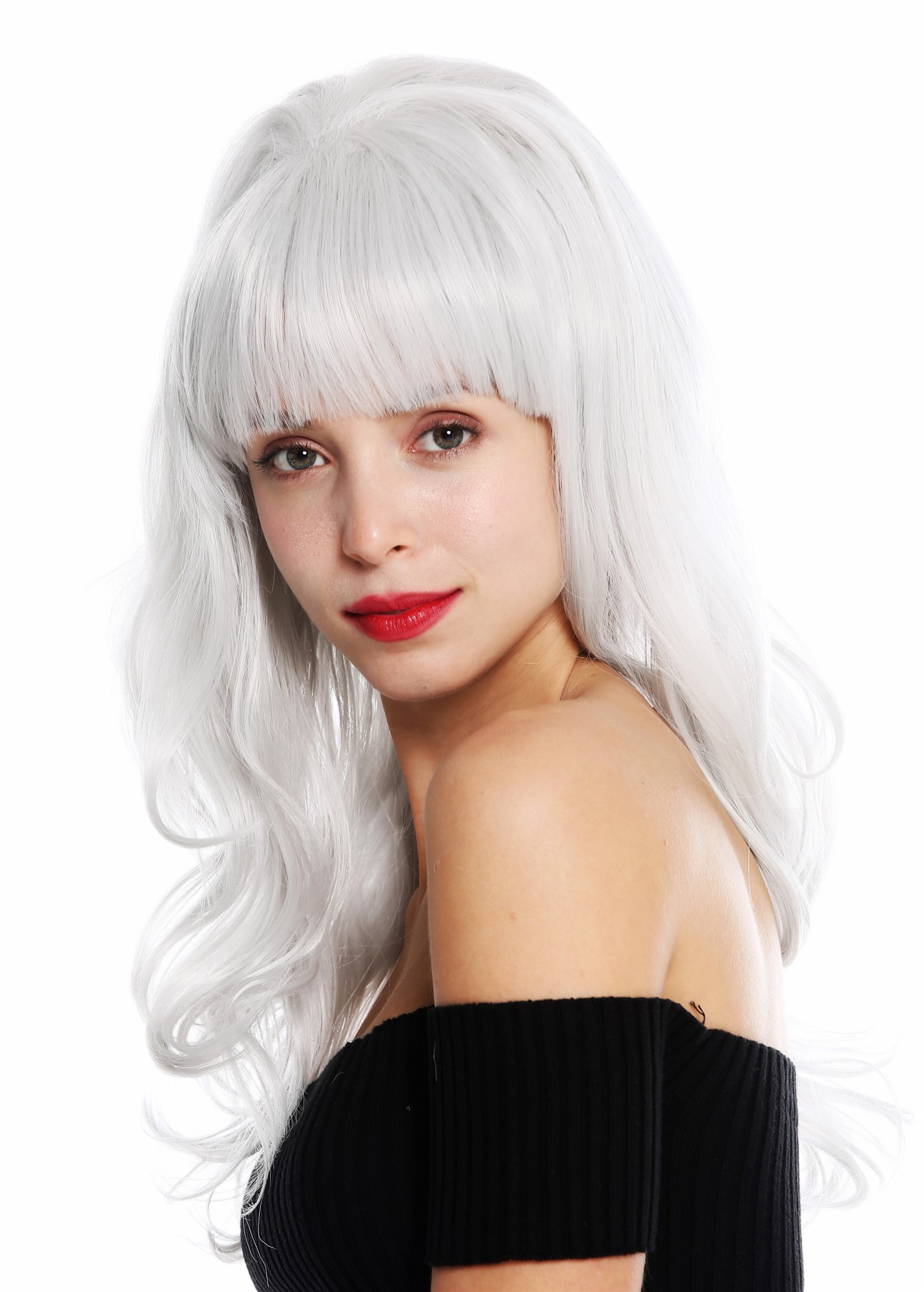 hochwertige Qualitätsperücken, Perücke lang wellig Pony helles Grau GFW3129-silvergray, Ansicht 3, WIG ME UP: Ihr Perücken Online Shop wellige Tressen-Perücke Hellgrau lange Haare für Damen