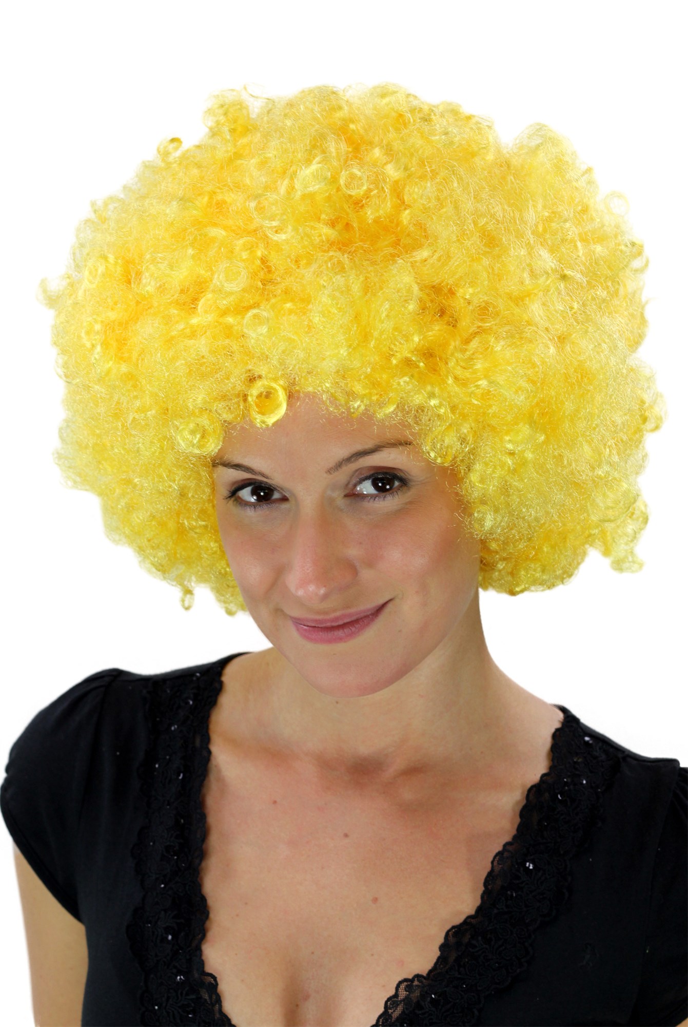 günstige Party Perücke, Afro Perücke 70er Jahre Party Neon Gelb Disco PW0011-PC2B, Ansicht 3, WIG ME UP: Ihr Perücken Online Shop lockige Party Perücke Neongelb kurze Haare Unisex