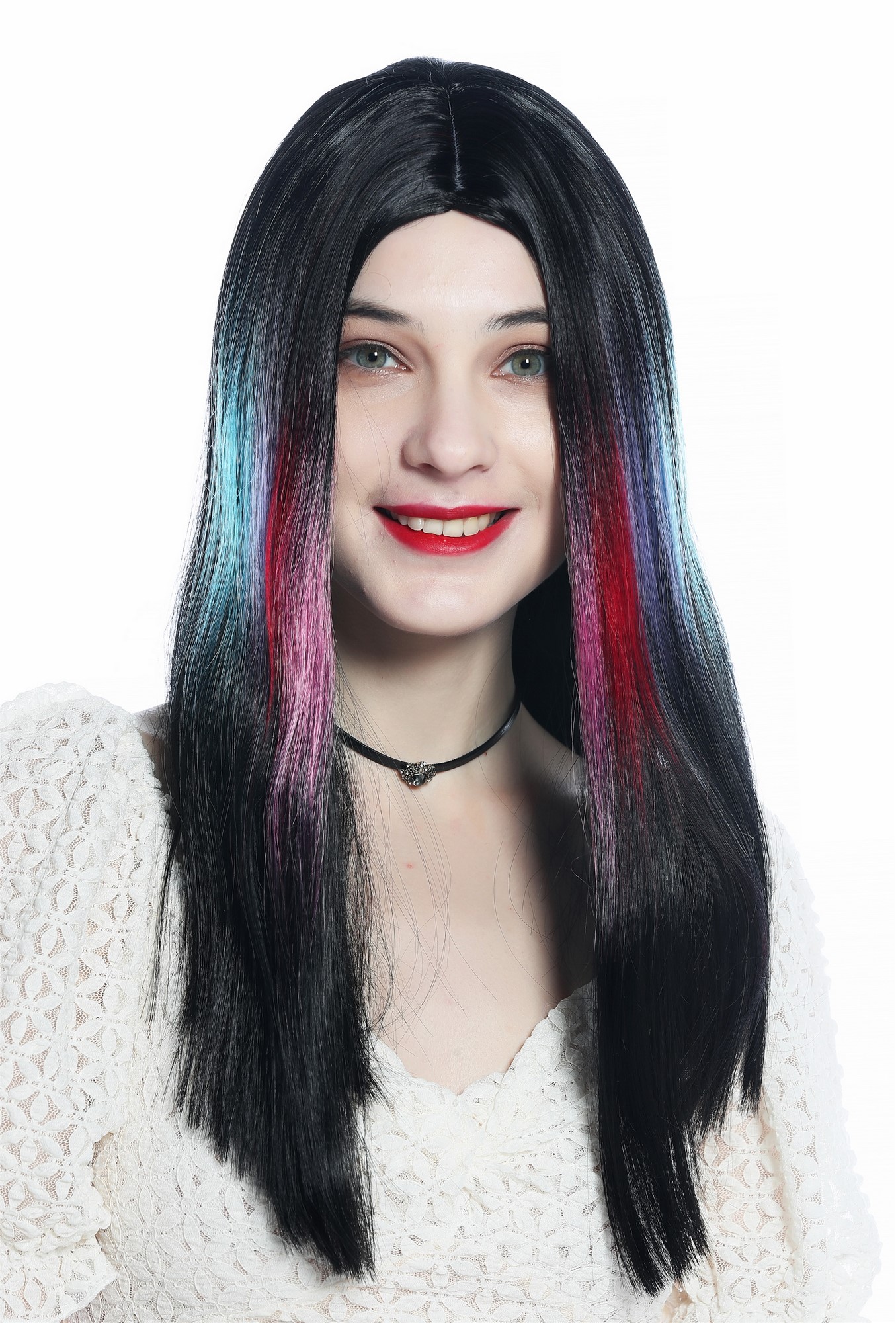 hochwertige Qualitätsperücken, Perücke lang glatt Mittelscheitel Schwarz bunte Strähnen DW3314A-YP1B/1137, Vorderansicht, WIG ME UP: Ihr Perücken Online Shop glatte Tressen-Perücke mit Kopfhaut-Imitat Schwarz mit regenbogenfarbenen Strähnen schulterlange Haare für Damen