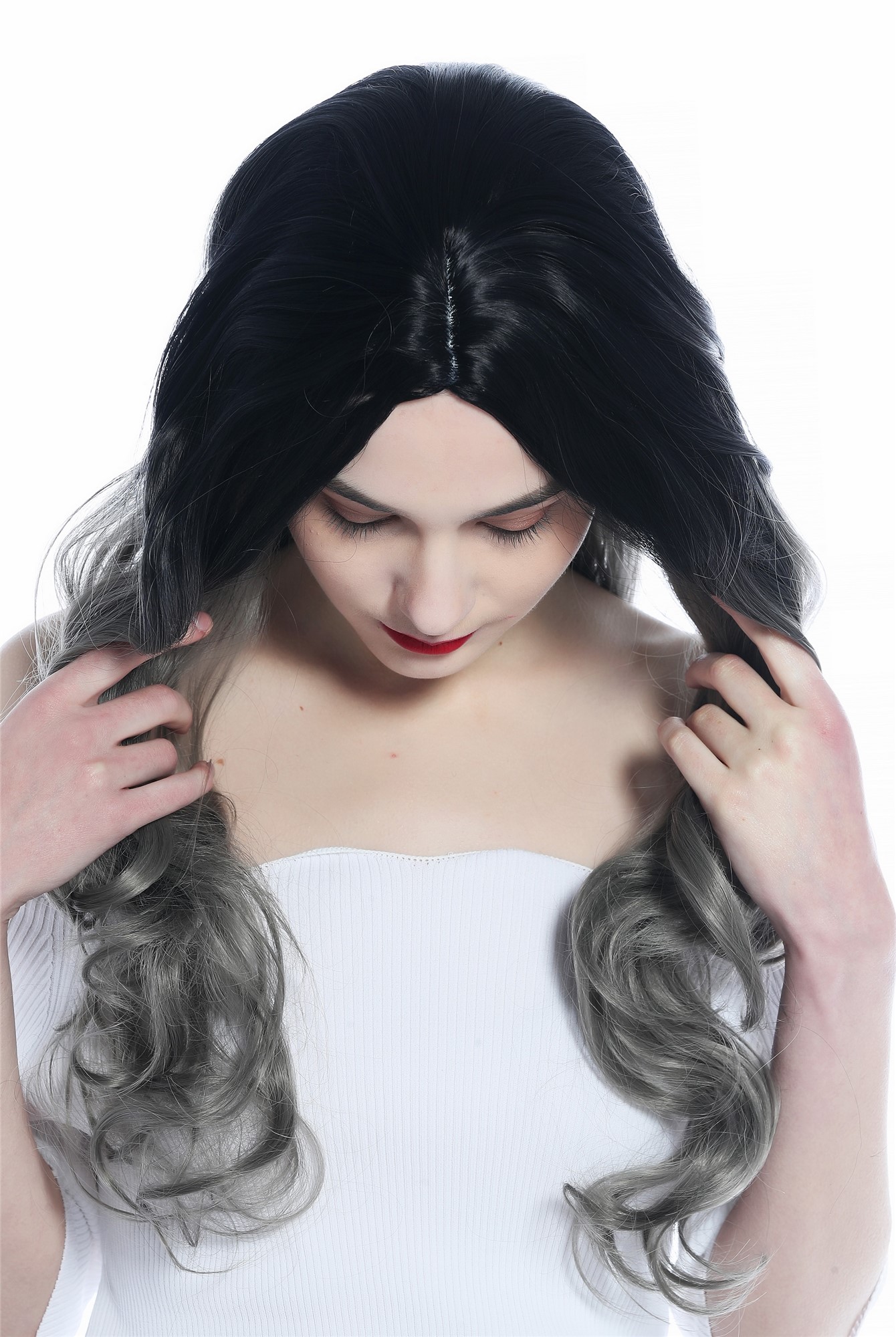 Ladies' Wig very long slightly curled middle-parting ombre black to grey ZM-1029, view 5, WIG ME UP: Your Perücken Online Shop Quality Wigs, Ladies, black-gray gradient, curled, long