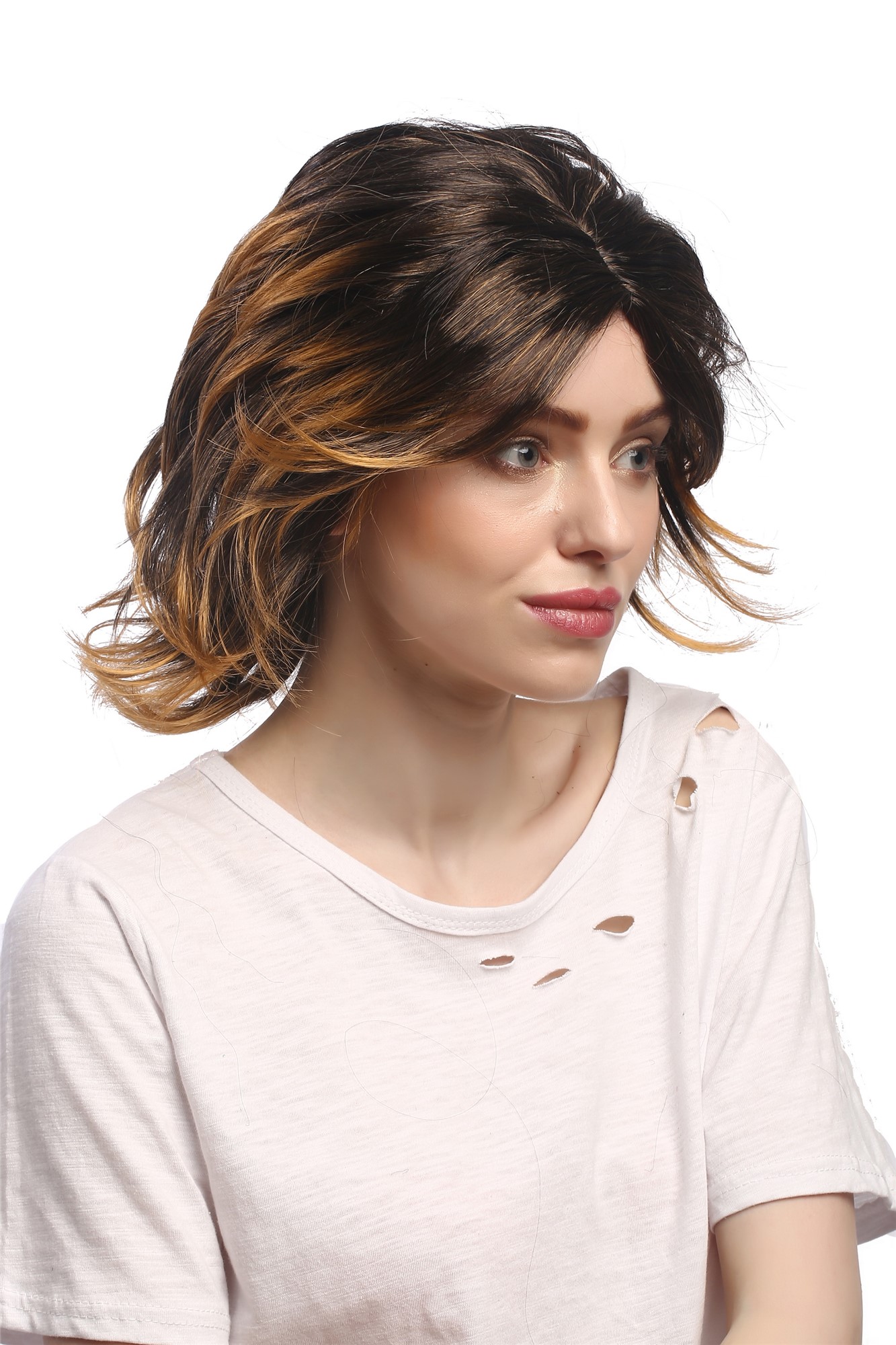 Lady Party Wig Halloweenshort brown blond highlights strands wild & sexy 6046, front view, WIG ME UP: Your Perücken Online Shop Party Wig, Ladies, Brown, wavy, shoulder-length