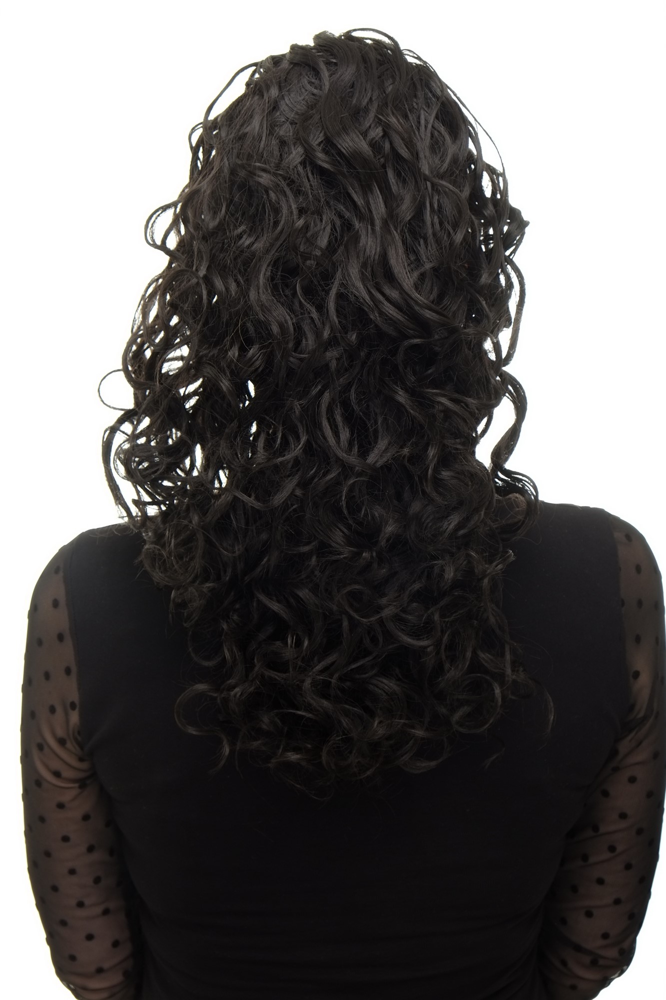 Hairpiece Ponytail with 2 combs/clips & elastic draw string long full curls voluminous dark brown, front view, WIG ME UP: Your Perücken Online Shop Ponytails, dark brown, curled, shoulder-length