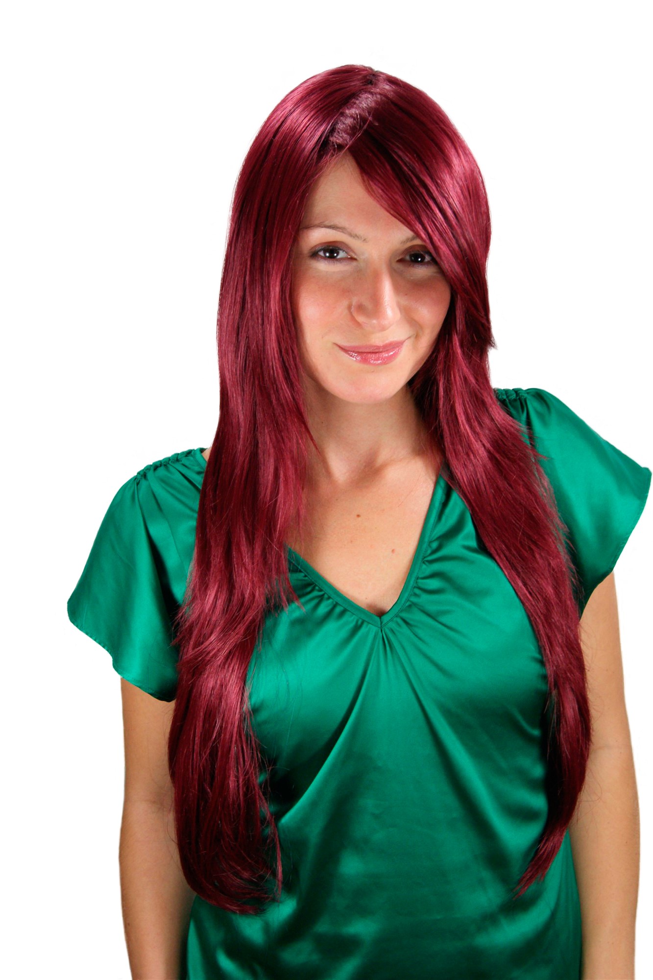 Lady wig medium length long fringe worn to side straight layered garnet red 3110, front view, WIG ME UP: Your Perücken Online Shop Quality Wigs, Ladies, Red, straight, long