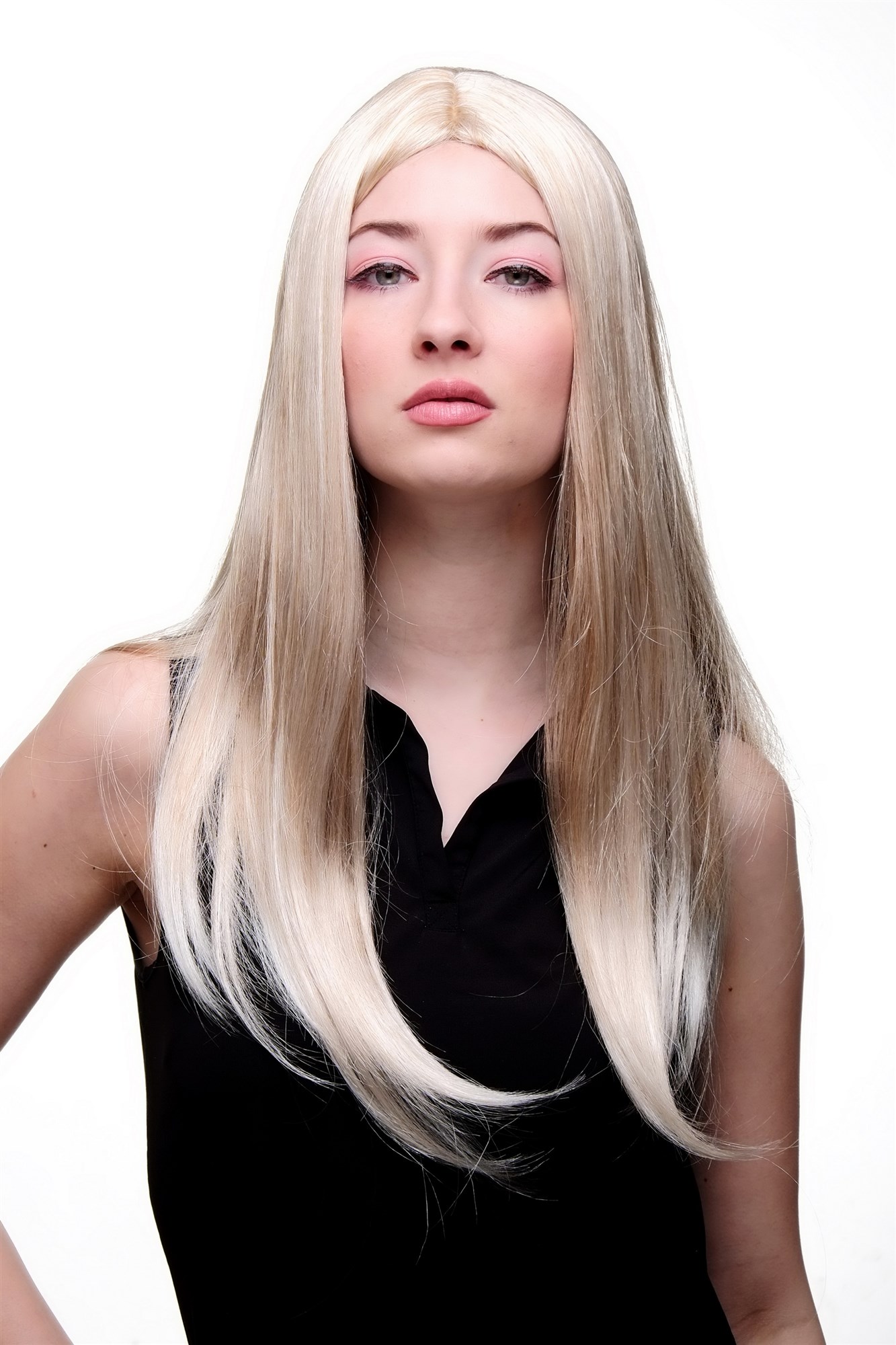 hochwertige Qualitätsperücken, Damen Perücke lang glatt Mittelscheitel natürlicher Blond-Mix SA-151-27T613, Vorderansicht, WIG ME UP: Ihr Perücken Online Shop glatte Tressen-Perücke mit Kopfhaut-Imitat Erdbeerblond-Platinblond-Mix lange Haare für Damen