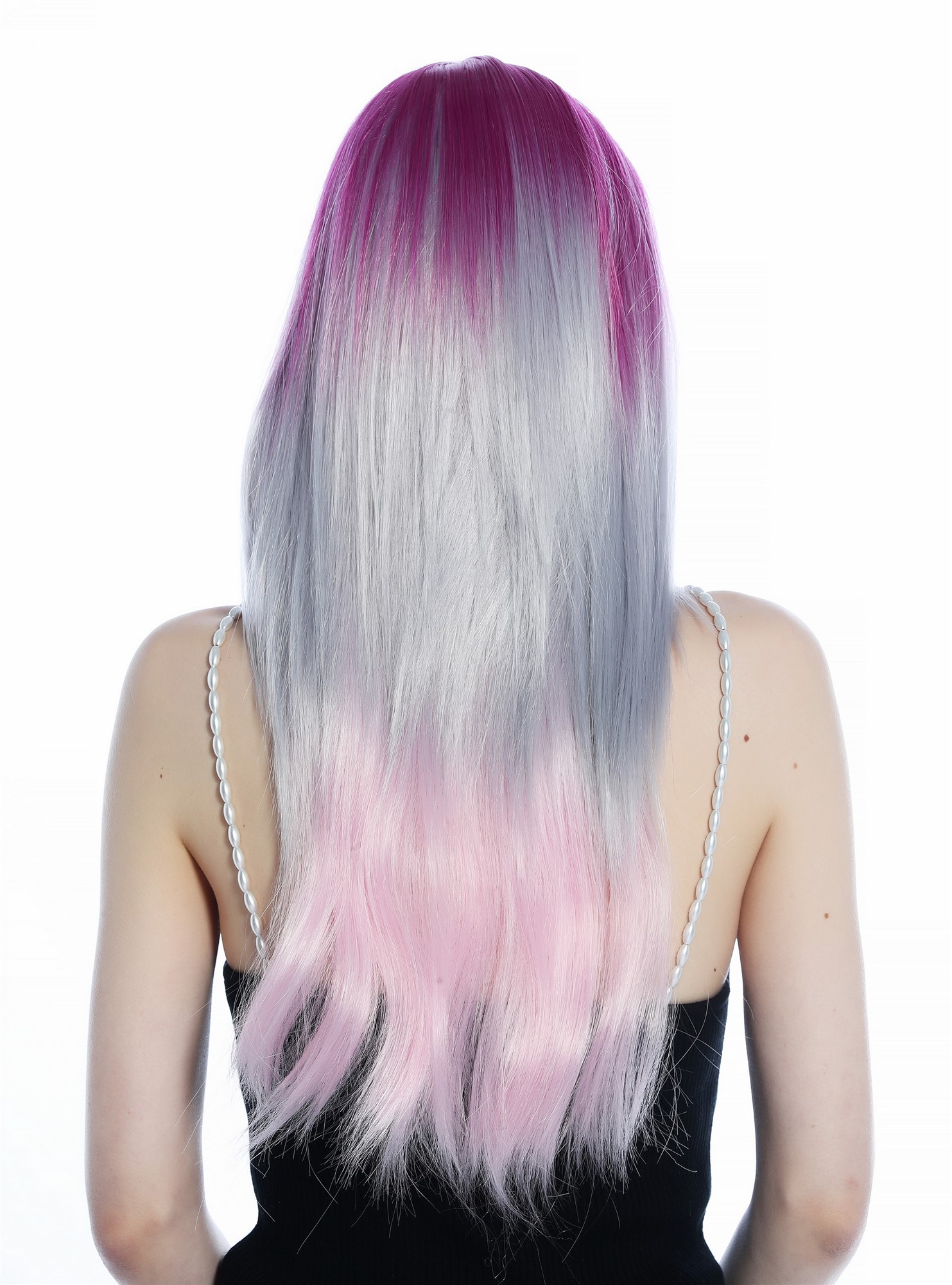 hochwertige Qualitätsperücken, Perücke lang glatt Mittelscheitel Ombre Balayage Grau Pink Rosa ZM-1031-R20140, Ansicht 3, WIG ME UP: Ihr Perücken Online Shop glatte Tressen-Perücke mit Kopfhaut-Imitat Pink-Silbergrau-Rosa-Verlauf lange Haare für Damen