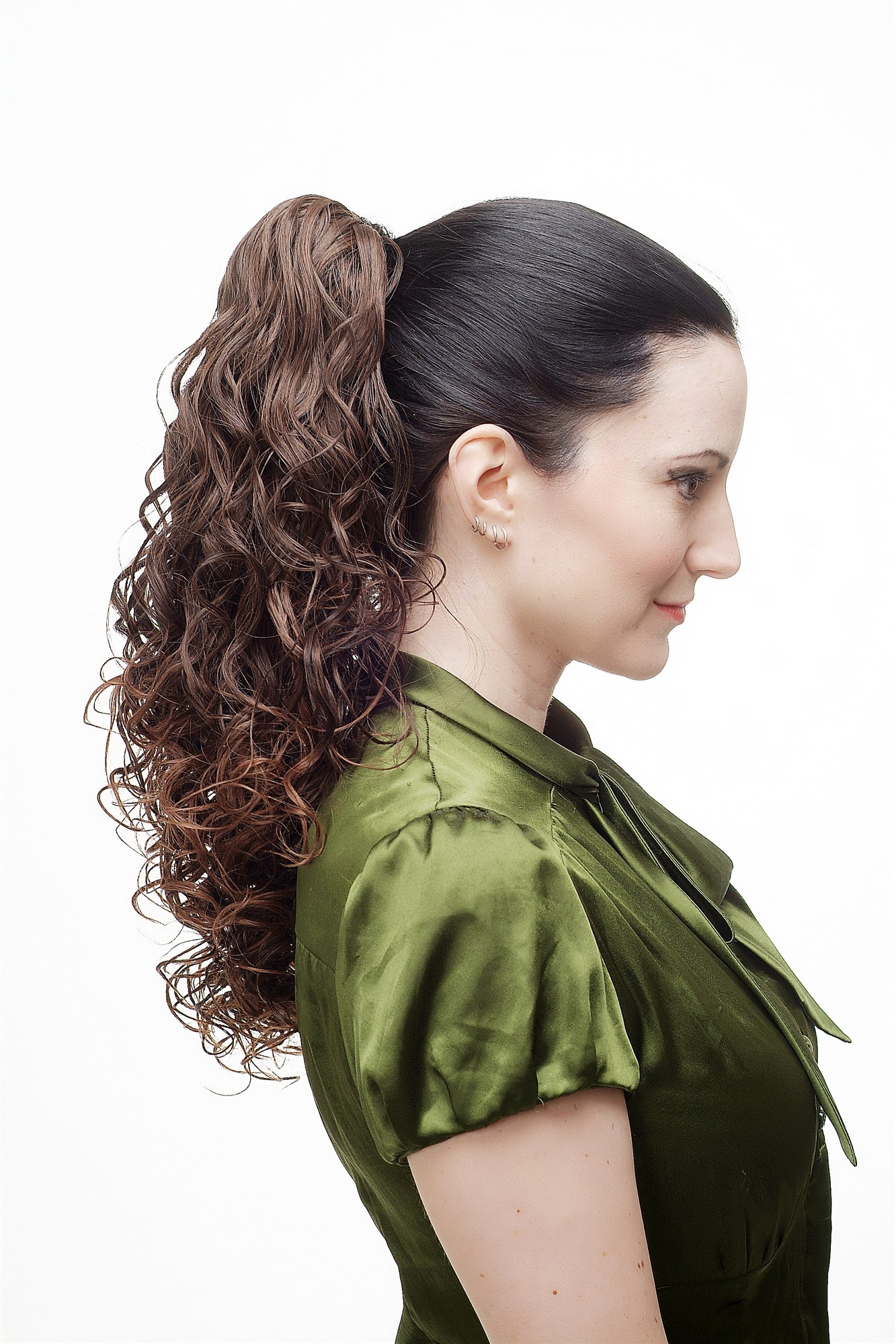 Hairpiece Ponytail with Claw Clamp/Clip long full & voluminous stringy wetlook curls brown chestnut, view 2, WIG ME UP: Your Perücken Online Shop Ponytails, black-brown mix, curled, shoulder-length