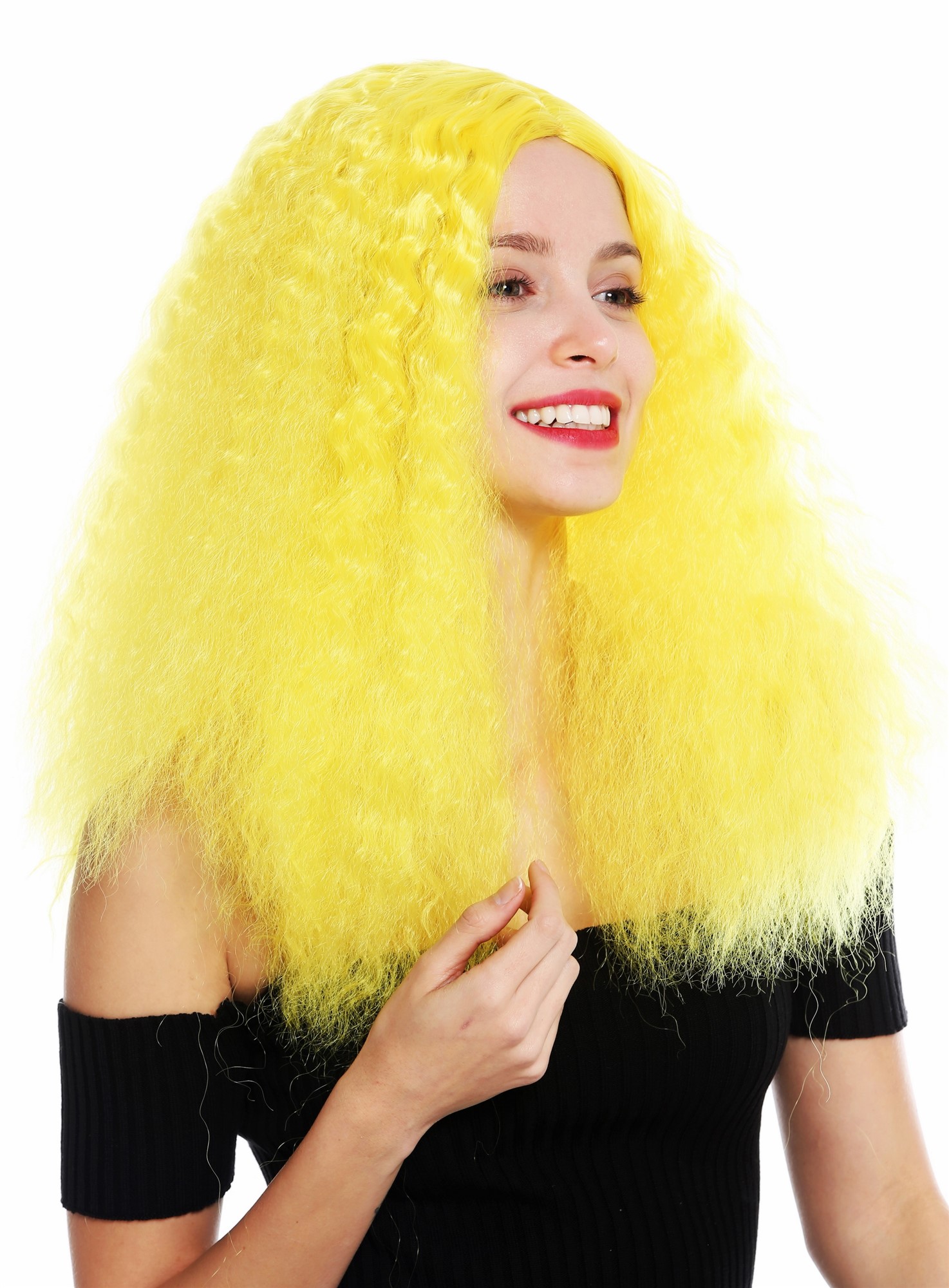 hochwertige Qualitätsperücken, Perücke lang Kraus Locken Volumen Mittelscheitel Gelb YZF-7304-T2104, Vorderansicht, WIG ME UP: Ihr Perücken Online Shop lockige Tressen-Perücke mit Kopfhaut-Imitat Neongelb lange Haare für Damen