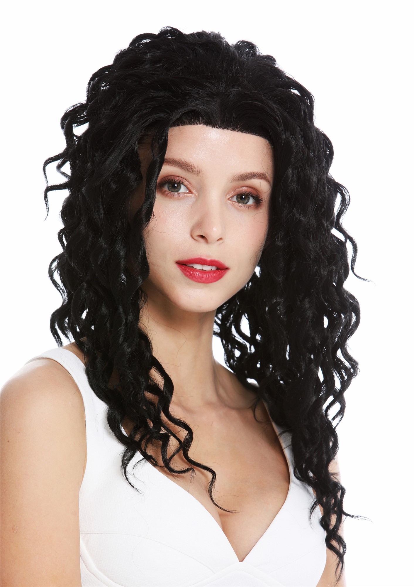 hochwertige Qualitätsperücken, Perücke Lace-Front lang lockig Korkenzieher-Locken Schwarz LA9013-1B, Ansicht 2, WIG ME UP: Ihr Perücken Online Shop lockige Tressen-Perücke mit Front-Lace Samtschwarz lange Haare für Damen