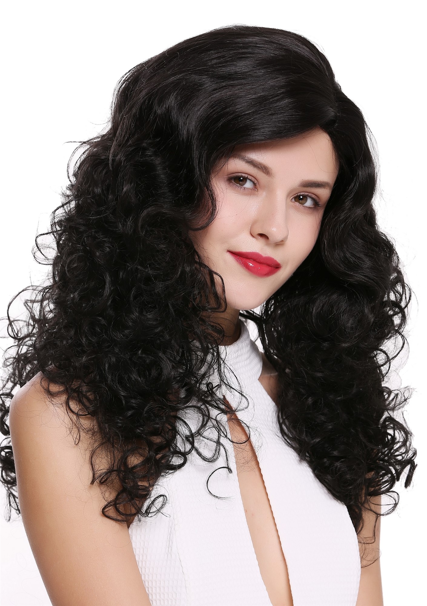 hochwertige Qualitätsperücken, Perücke Lang Volumen Seitenscheitel Schwarz 1355AB-2, Ansicht 2, WIG ME UP: Ihr Perücken Online Shop lockige Tressen-Perücke mit Kopfhaut-Imitat Schwarzbraun lange Haare für Damen