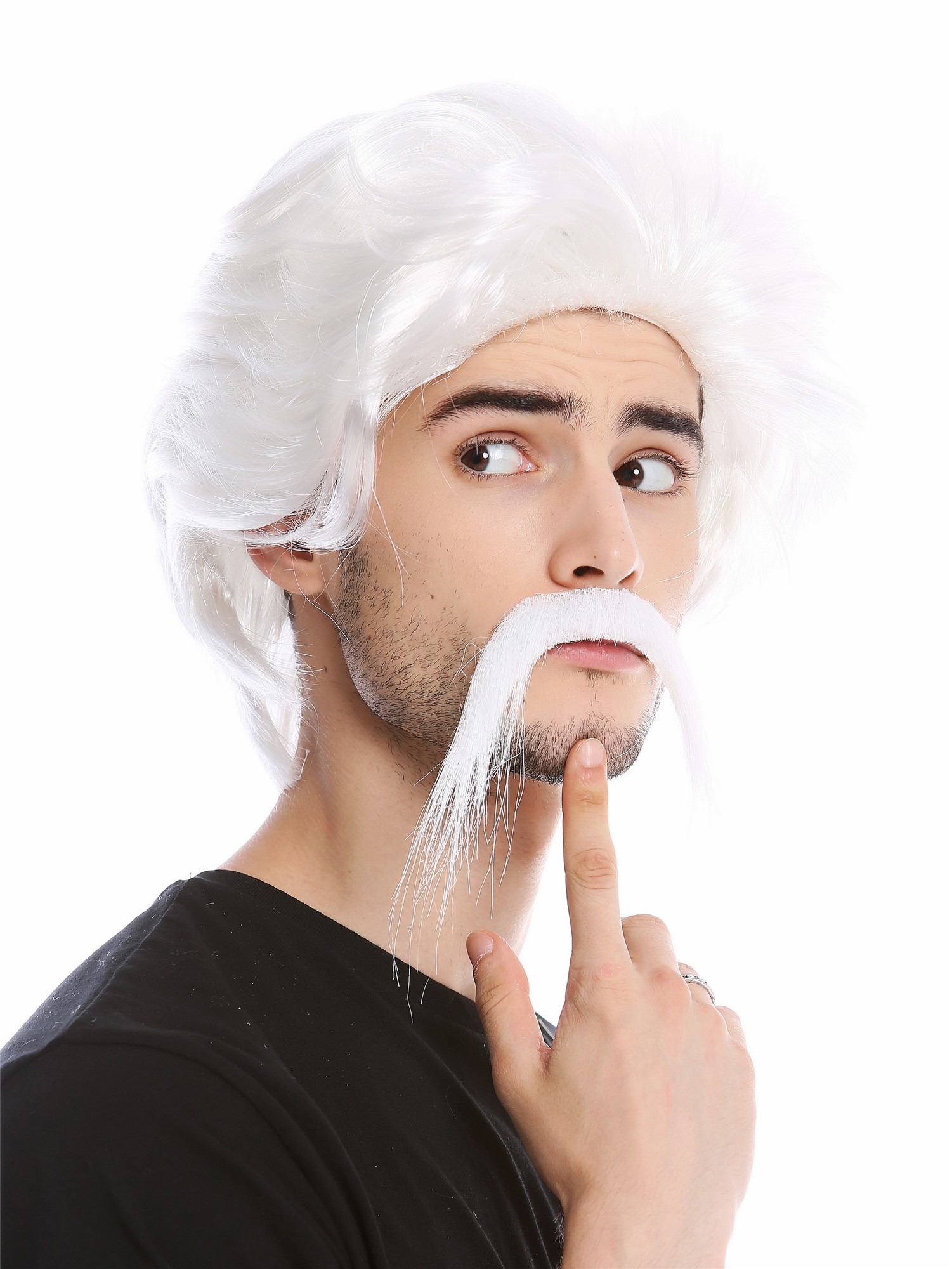 Wig & Mustache Set Men old gangster OG cartel boss Mexico jefe white 0025, front view, WIG ME UP: Your Perücken Online Shop Party Wig, Men, White, wavy, short