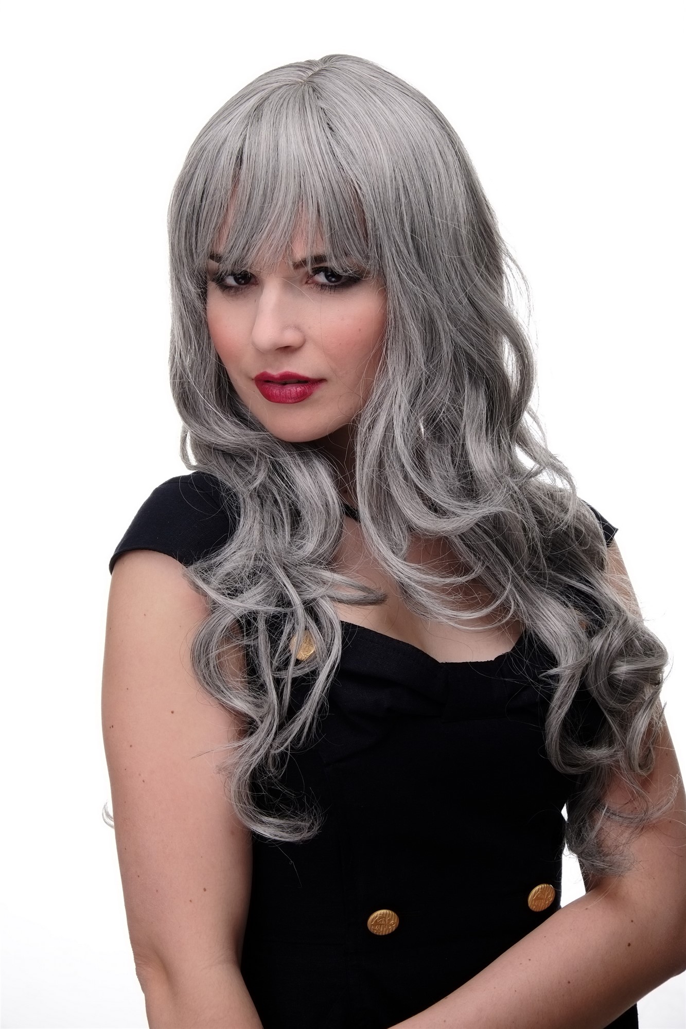 hochwertige Qualitätsperücken, Lange Damen Perücke mit großen kräftigen Locken Pony Grau Hellgrau-Mix 285-51, Vorderansicht, WIG ME UP: Ihr Perücken Online Shop lockige Tressen-Perücke mit Kopfhaut-Imitat Grau lange Haare für Damen