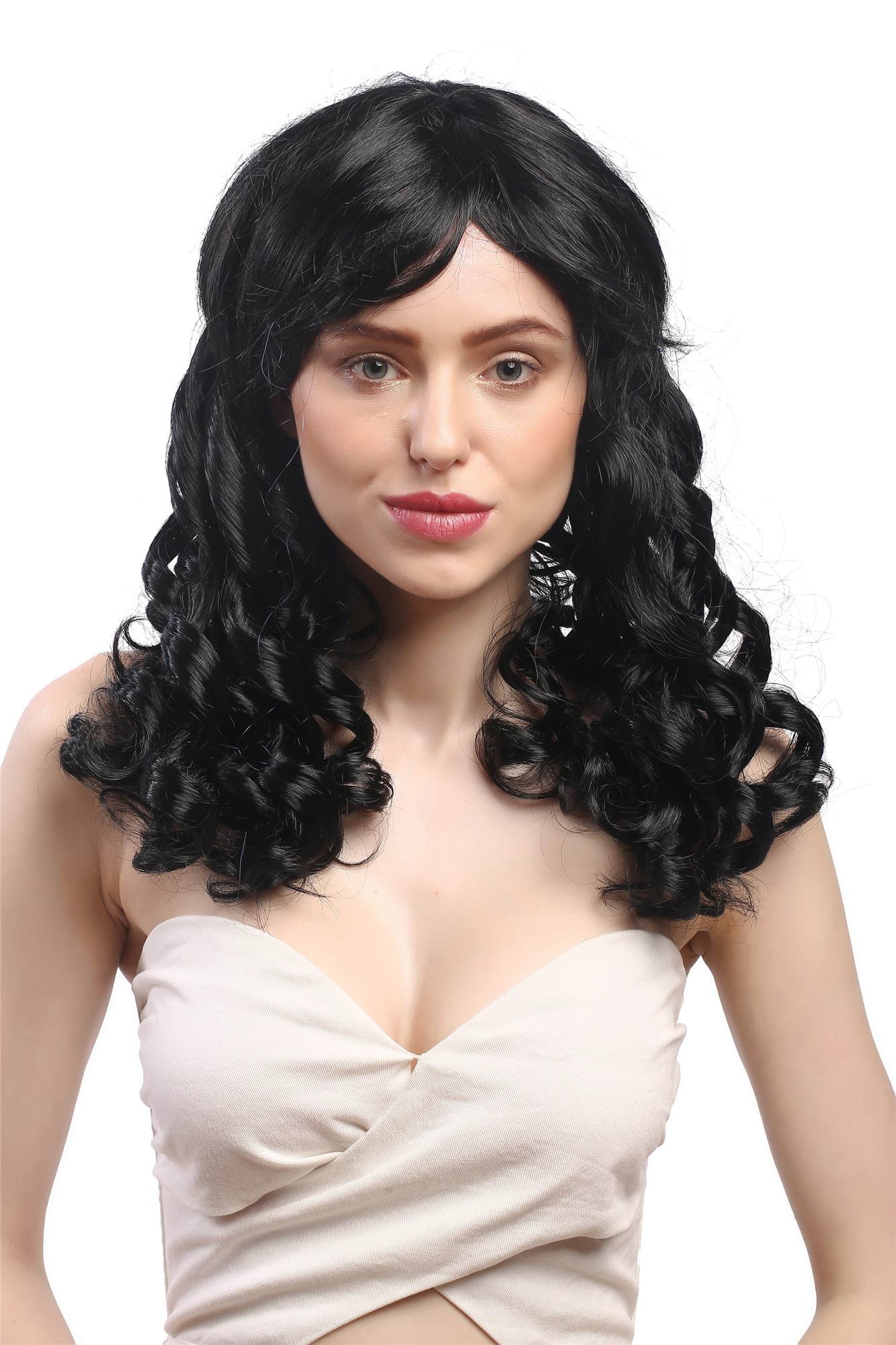 Lady Party Wig Halloween Gothic long baroque colonial romantic corkscrew curls coils bangs black, front view, WIG ME UP: Your Perücken Online Shop Party Wig, Ladies, Black, curled, long