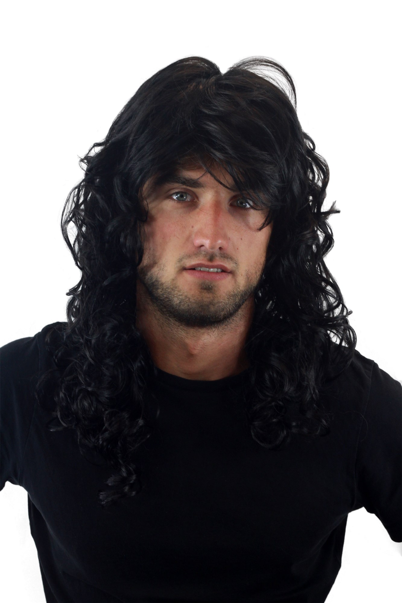 GLAMOUROUS  Man Unisex Wig Glam Rock Rocker Metal LONG backcombed curls BLACK voluminous, front view, WIG ME UP: Your Perücken Online Shop Quality Wigs, Men, velvet black, curled, long