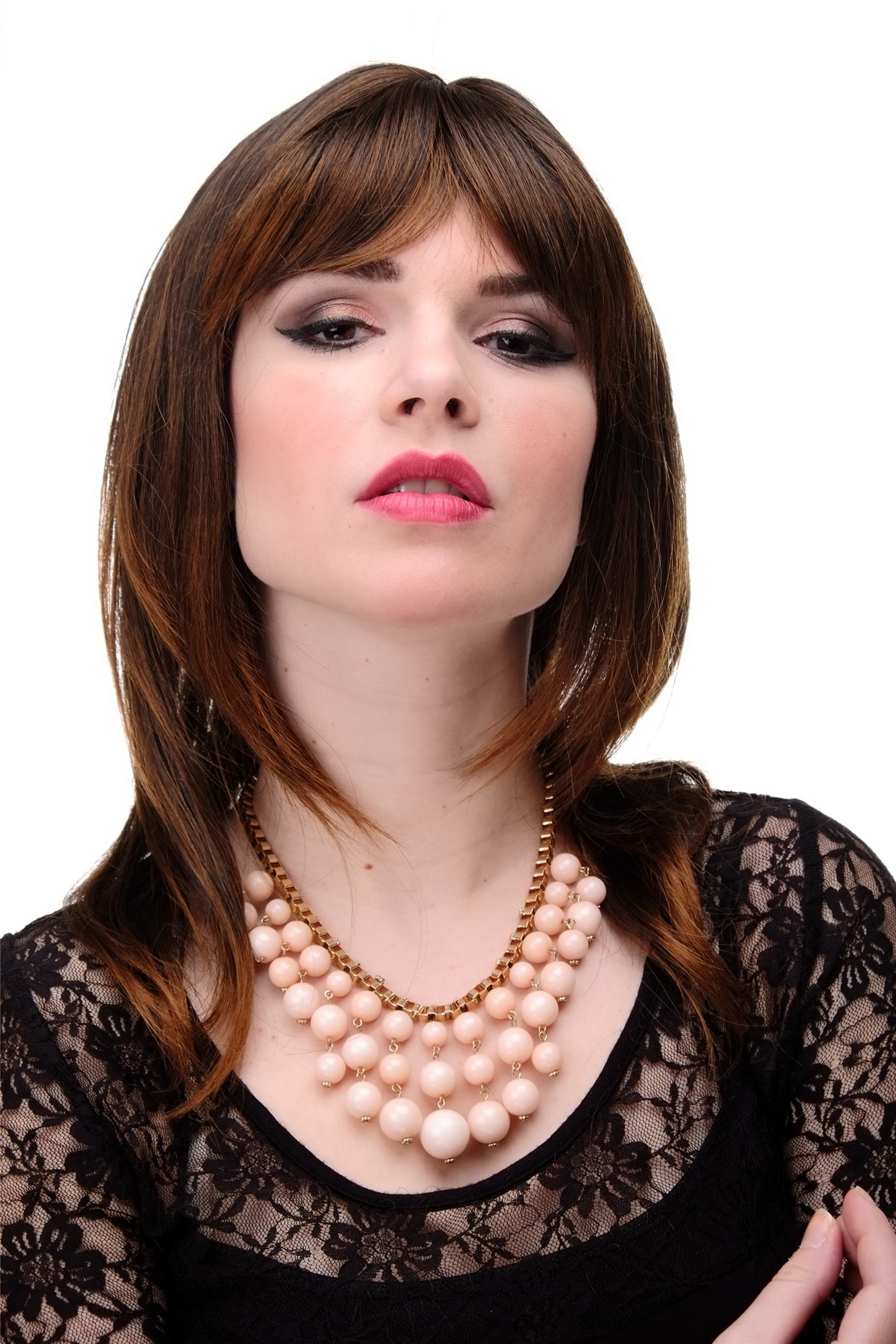 Lady wig medium length fringe parted to side straight layered chestnut mix 3003, front view, WIG ME UP: Your Perücken Online Shop Quality Wigs, Ladies, black-brown-copper-brown mix, straight, long