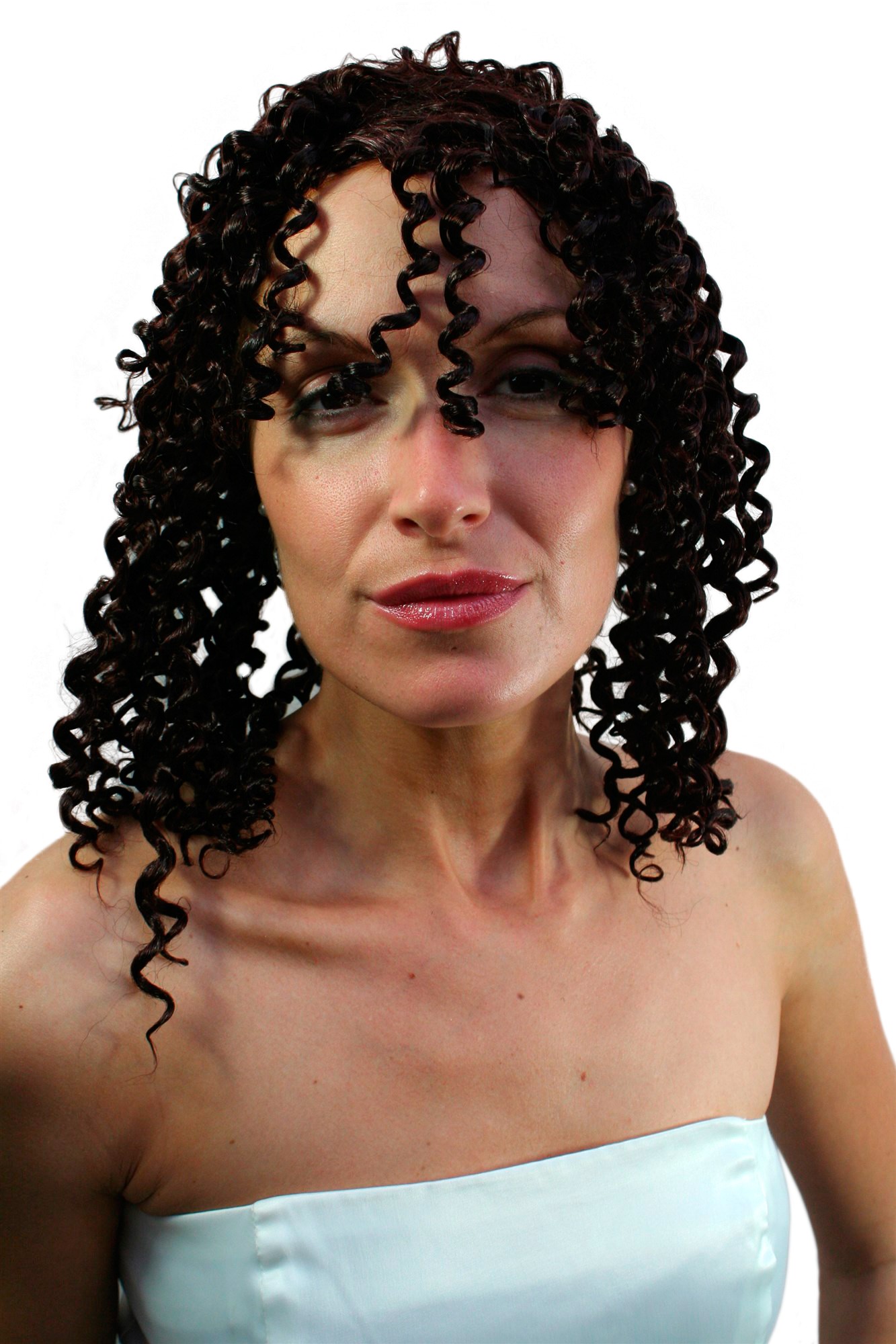 günstige Party Perücke, Karibik Style Partyperücke Göttin brünett PW0160, Vorderansicht, WIG ME UP: Ihr Perücken Online Shop lockige Party Perücke Braun schulterlange Haare für Damen
