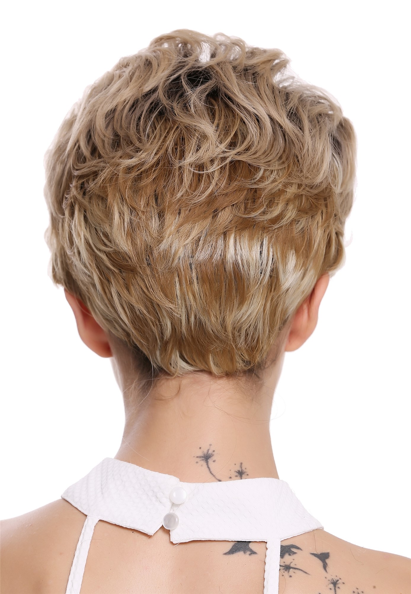 hochwertige Qualitätsperücken, Perücke kurz voluminös wellig Schwarz Blond Mix DW-2700-B27HB25DH613YS1B, Ansicht 4, WIG ME UP: Ihr Perücken Online Shop wellige Tressen-Perücke Blond-Schwarz-Mix kurze Haare für Damen