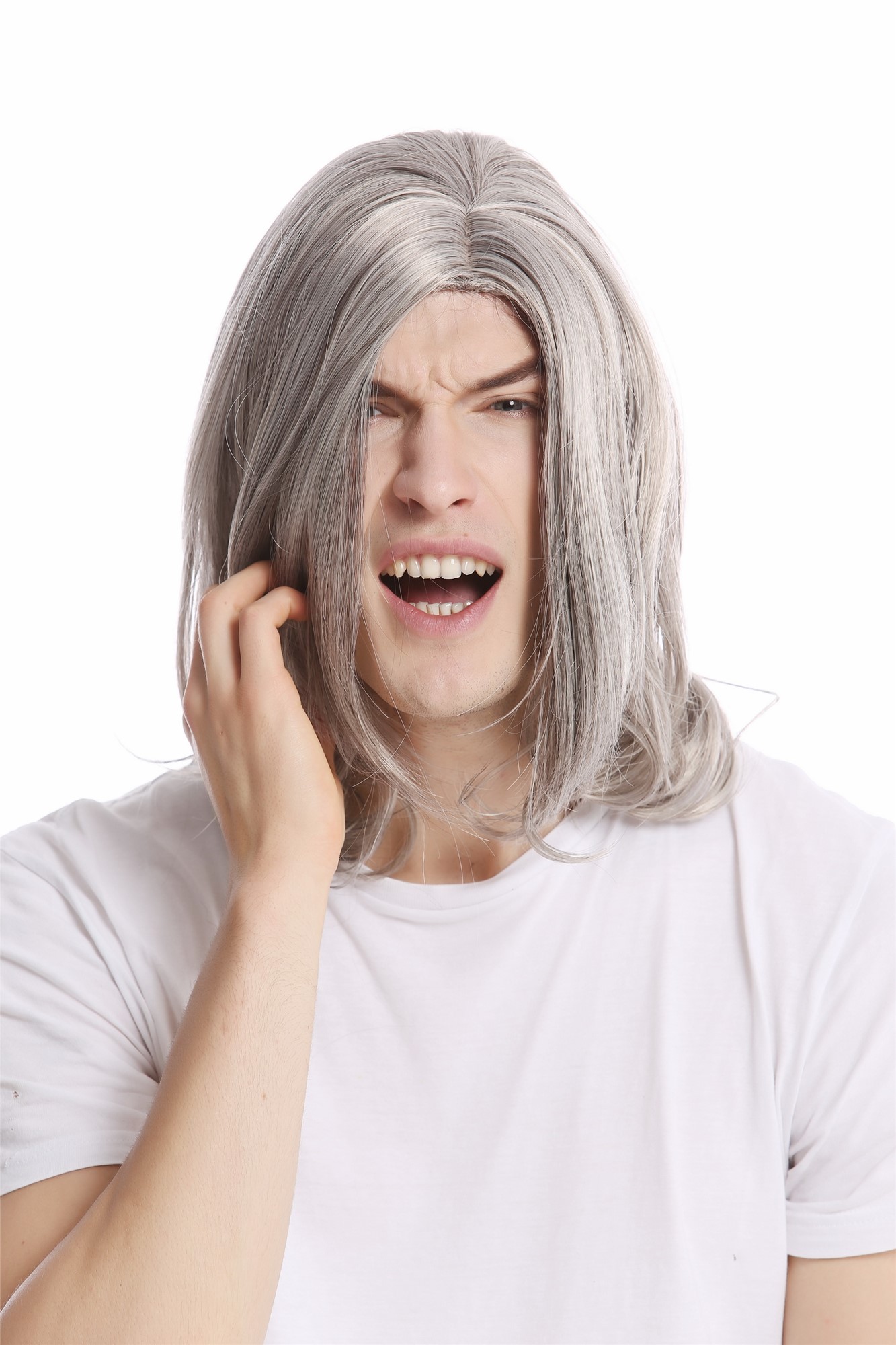 hochwertige Qualitätsperücken, Herrenperücke lang cool Mittelscheitel grau meliert GFW891-51, Ansicht 2, WIG ME UP: Ihr Perücken Online Shop glatte Tressen-Perücke mit Kopfhaut-Imitat Grau schulterlange Haare für Herren