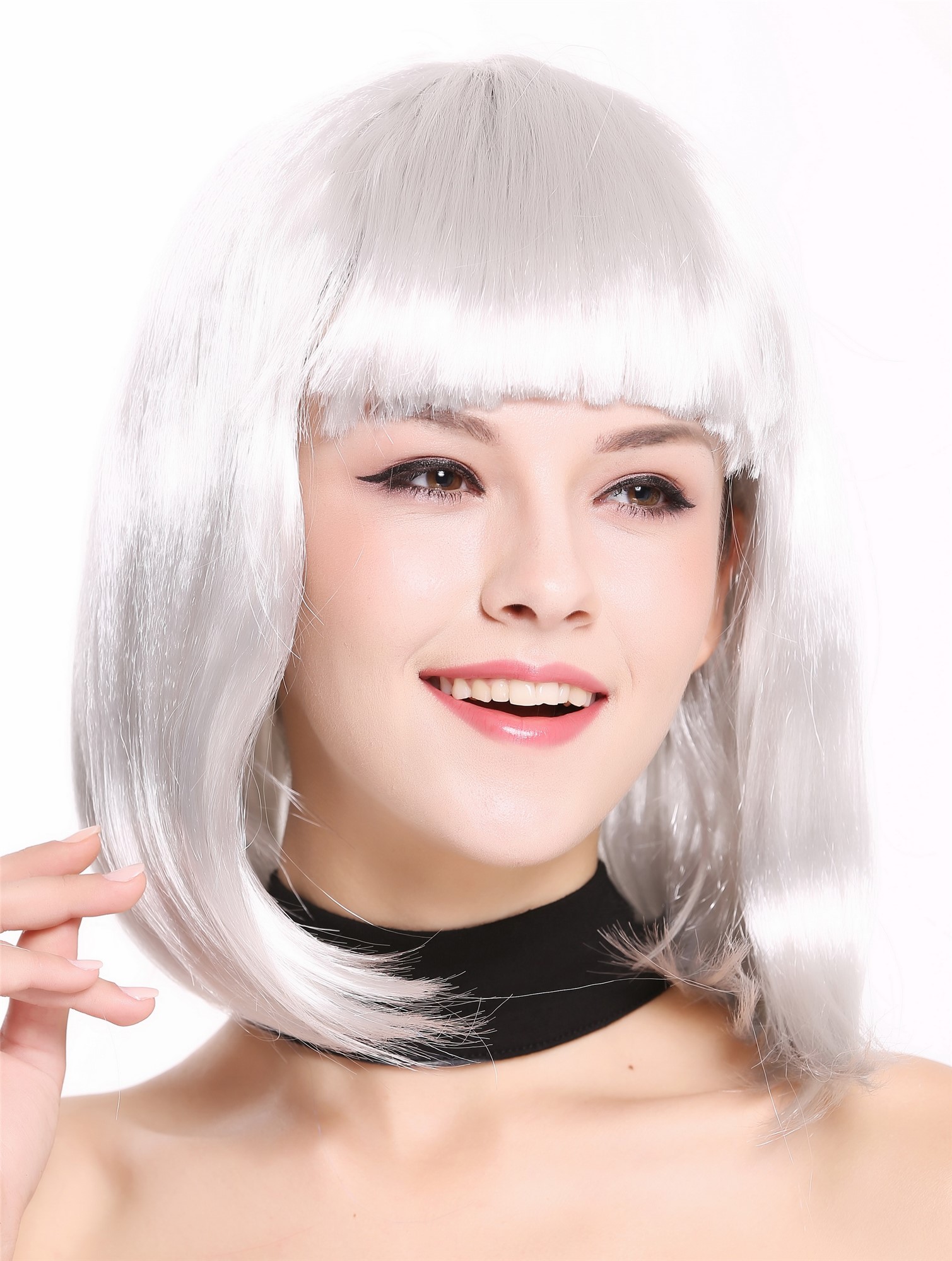 Lady Wig Halloween Disco bob longbob shoulder length bangs silver grey 0073, front view, WIG ME UP: Your Perücken Online Shop Party Wig, Ladies, Grey, straight, shoulder-length